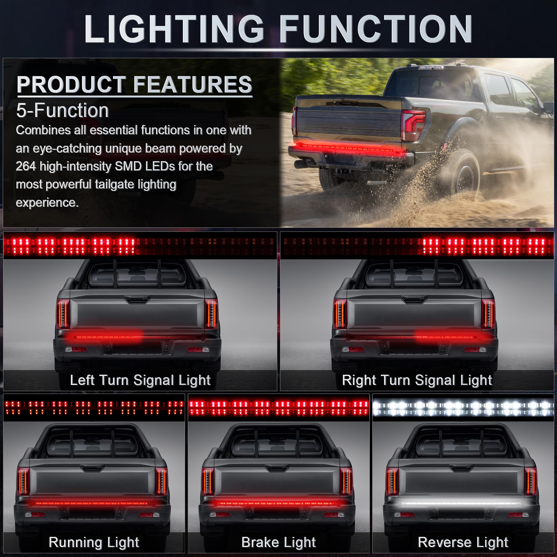 Livtee Truck Tailgate Light Bar 60'' Led Strip With Red Running Brake White Reverse Red Turning Signals Lights, Car Truck Access