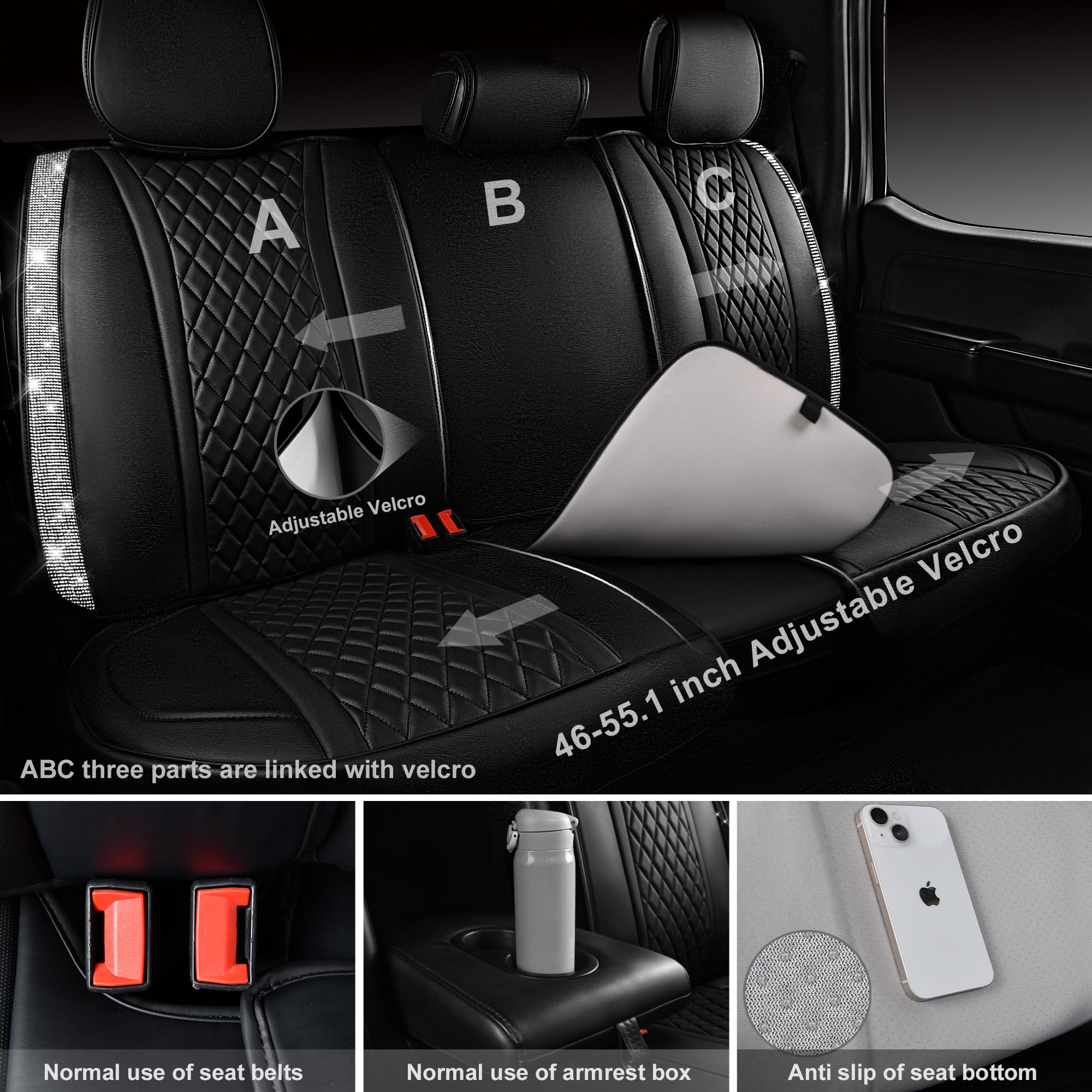 Car Pass Bling Leather Car Seat Covers & Black Nappa Leather Calfskin Seat Cushioned Protector, Waterproof Anti-Slip Universal F