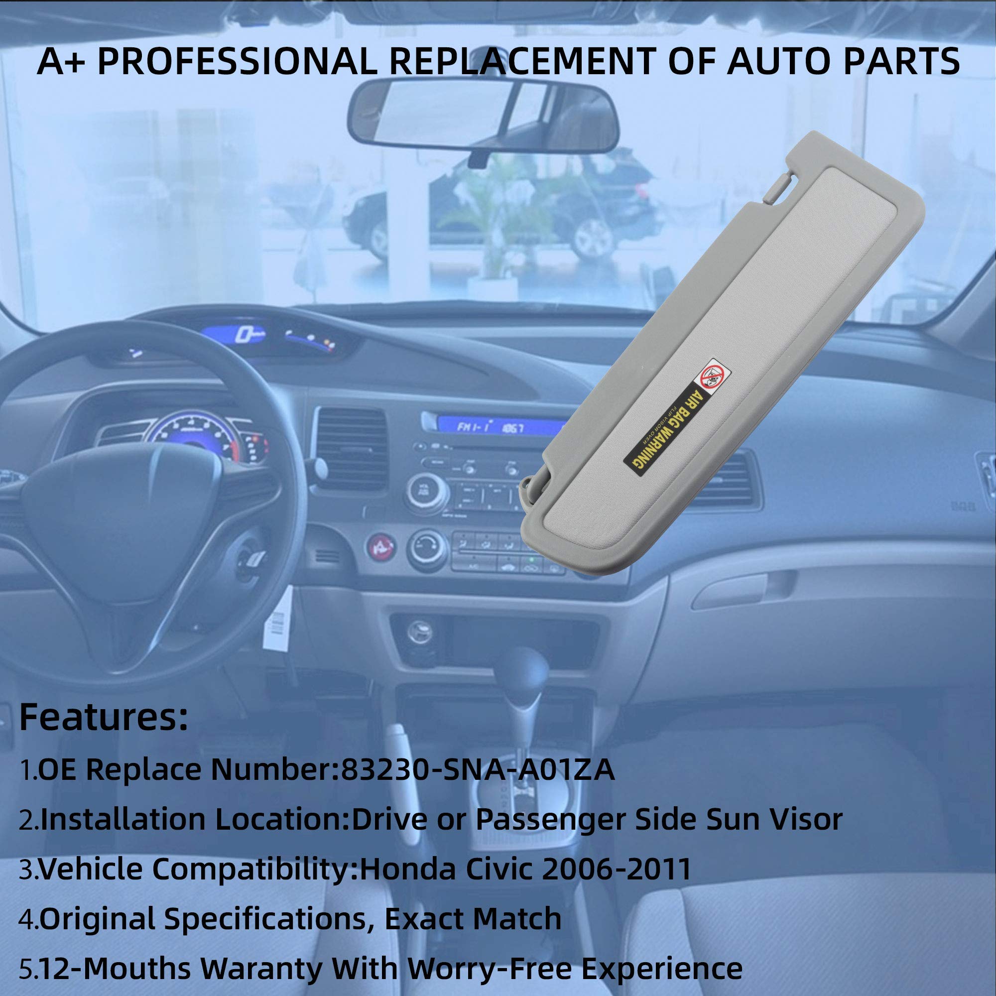 Dasbecan Clear Gray Right Passenger Side Sun Visor Compatible With Honda Civic 2006-2011 Replaces# 83230-Sna-A01Zc