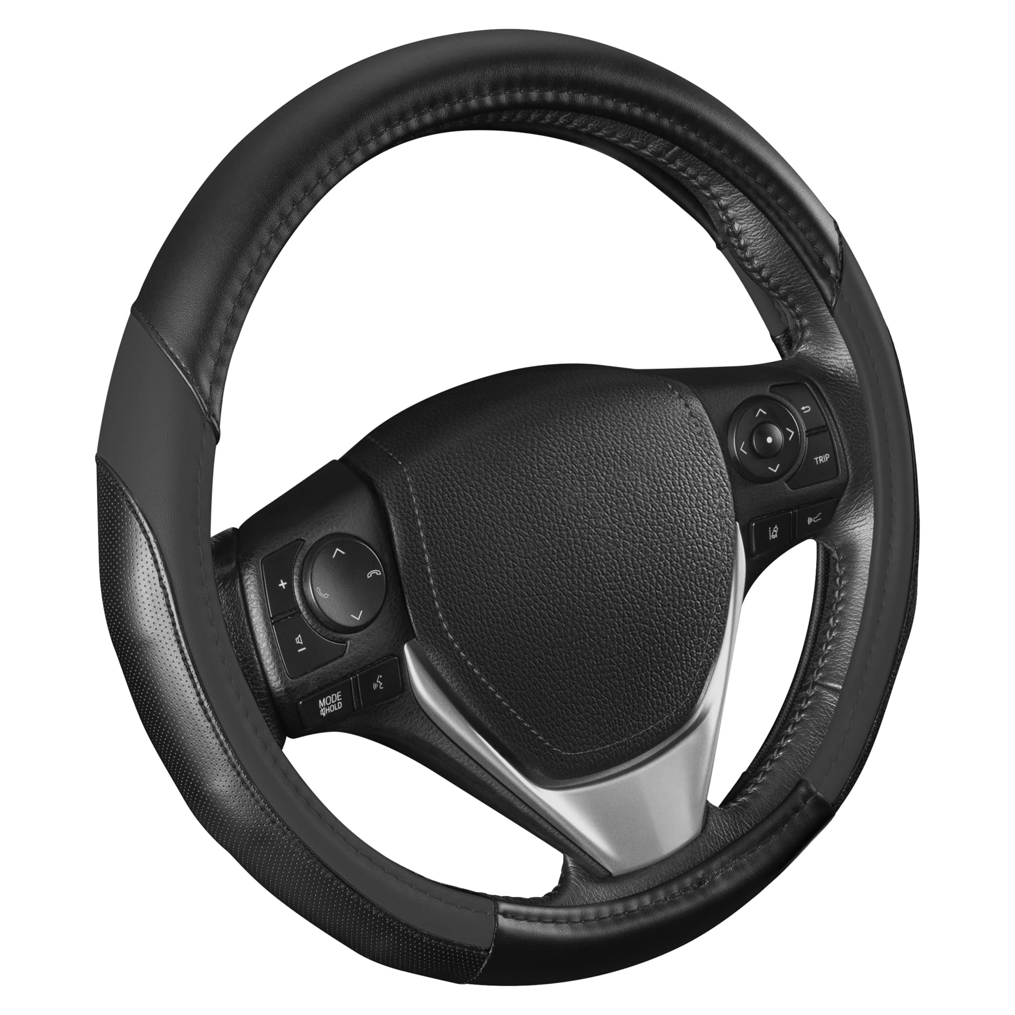 Motor Trend Sportdrive Faux Leather Steering Wheel Cover, Standard 15 Inch Size, Two-Tone Black & Dark Gray, Car Steering Wheel Cover For Truck Van Suv Auto