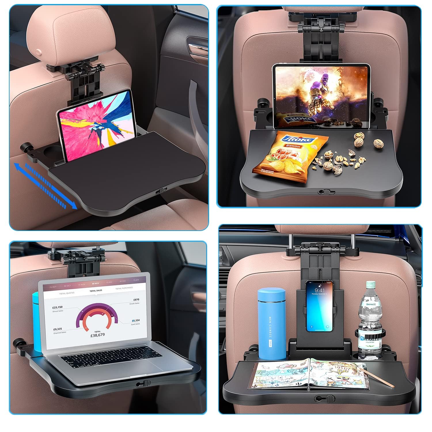 Car Back Seat Tray Table - Stable Foldable Auto Backseat Food Trays Desk for Rear Passenger Road Trip Eating & Work, Multifuncti