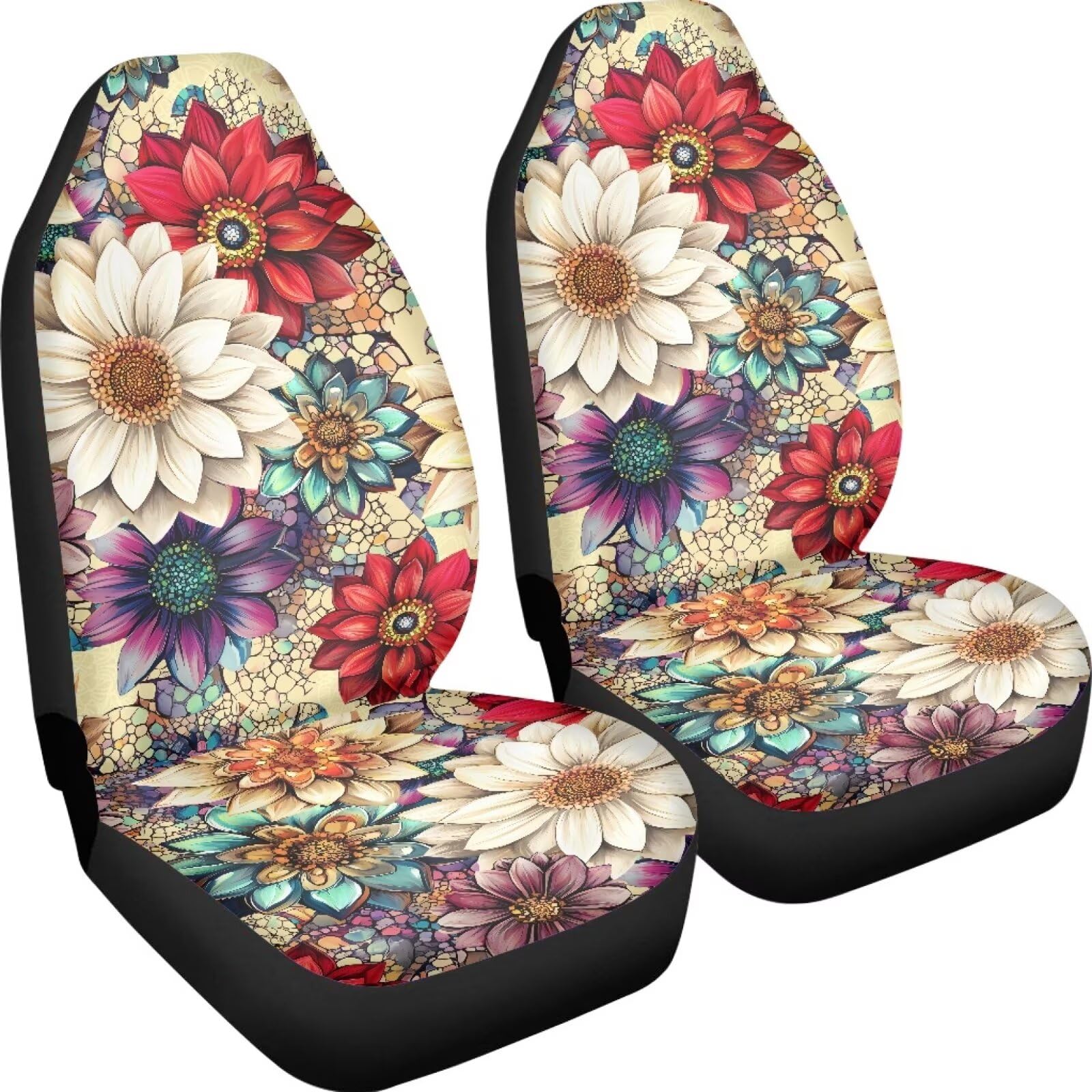 Bigcarjob Blossom Lotus Car Seat Covers Set For Front Only Boho Lotus Print Car Interior Accessories Cute Seat Protector For Car