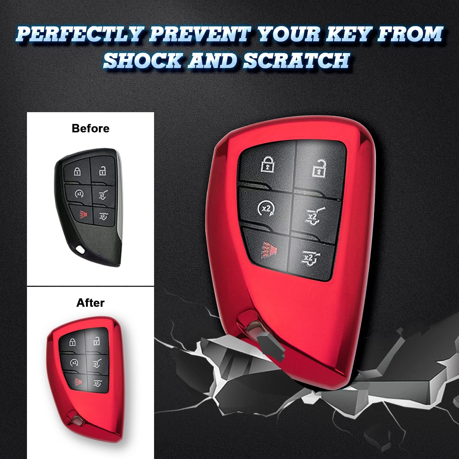 X Xotic Tech Red Soft Tpu Key Fob Shell Full Cover Case W/Red Keychain, Compatible With Chevrolet Suburban Tahoe Or Buick Or Gmc Yukon Denali 2021-2025 Smart Keyless Entry Key Gm-13541565/13537962