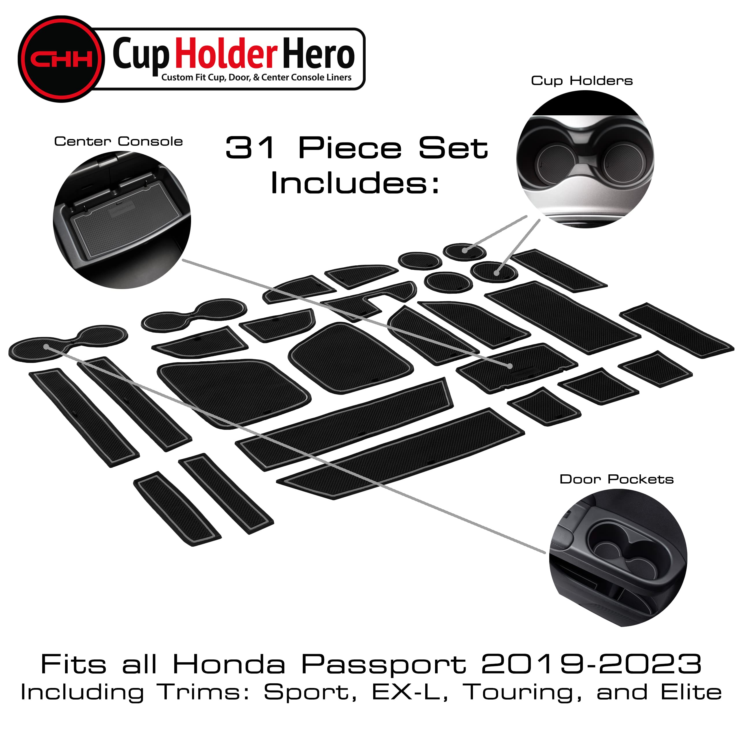 Cupholderhero Fits Honda Passport 2019-2024 Accessories - Premium Custom Non-Slip Anti-Dust Cup Holder Inserts, Center Console L
