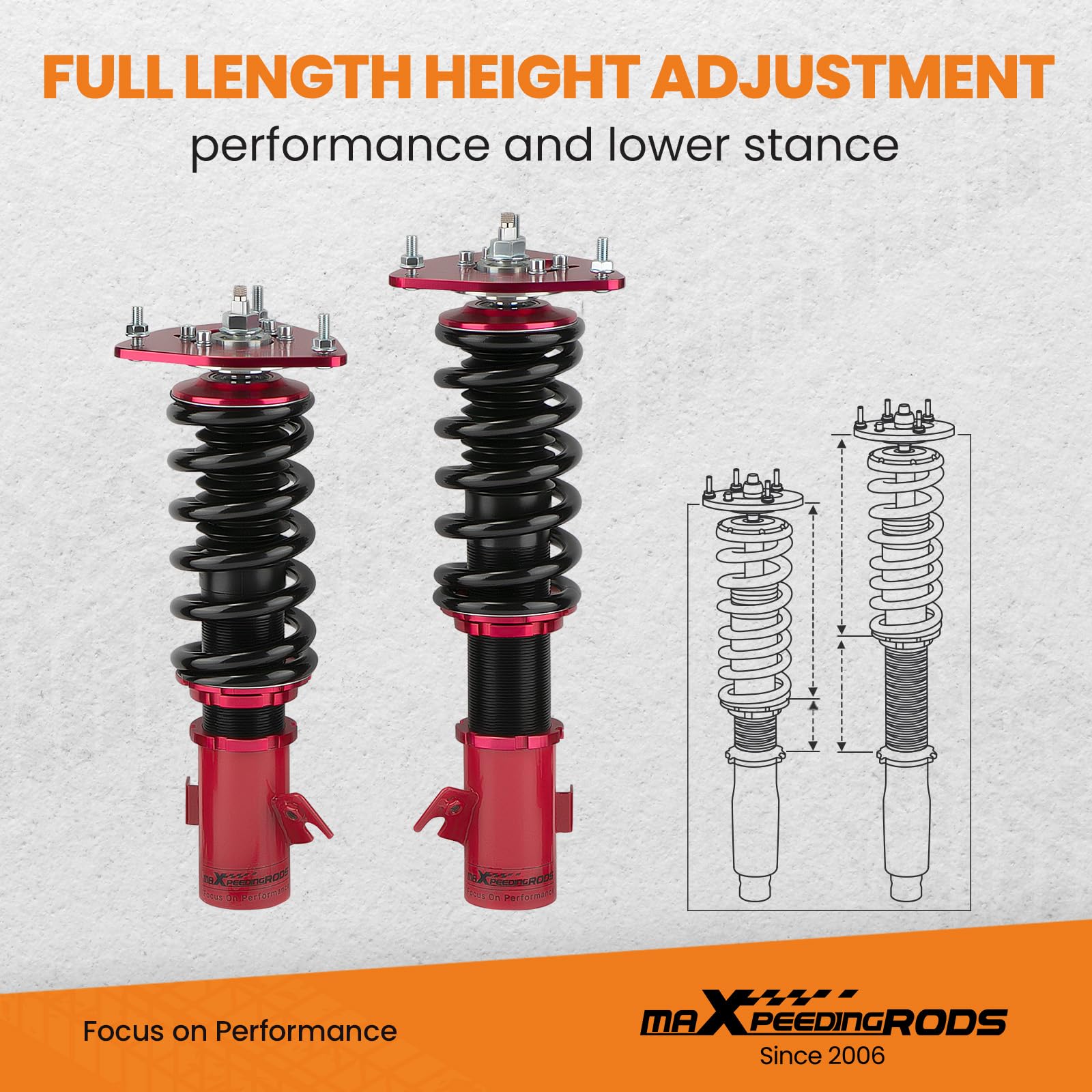Maxpeedingrods Coilover Adjustable For Subaru Impreza Wrx 2000-2007, For Saab 9-2X 2005-2007, For Subaru Forester 03-08; 24 Level Adjustable Damper Coilovers Suspension Kit, Shock Absorber Red