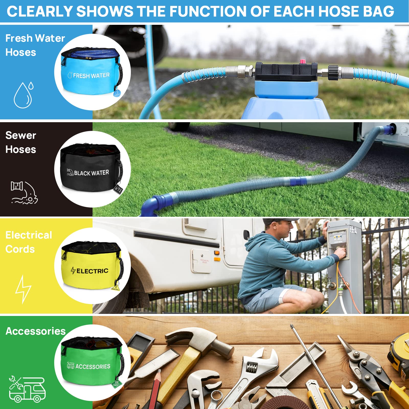 Rv Hose Storage Bag Of 4 Pack, Camper Accessories For Outside, Rubber Identification Tags For Fresh/Black Water Sewer Hoses Elec