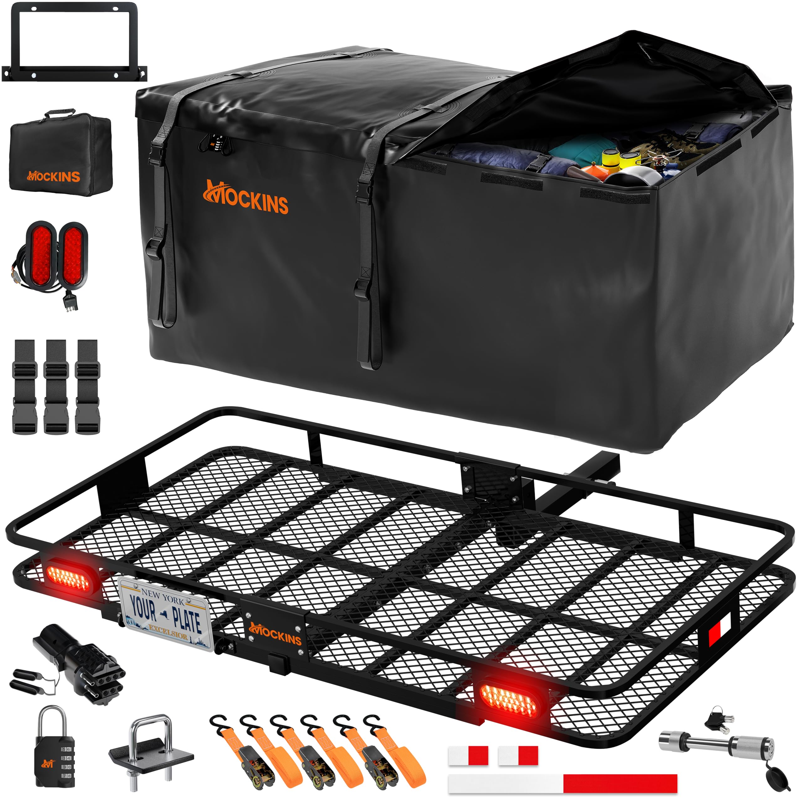 Mockins XXL 72x36x6 Folding Trailer Hitch Cargo Carrier w/ 50 CuFt Waterproof Cargo Bag for Hitch Carrier | 500 Lbs Cap Luggage 