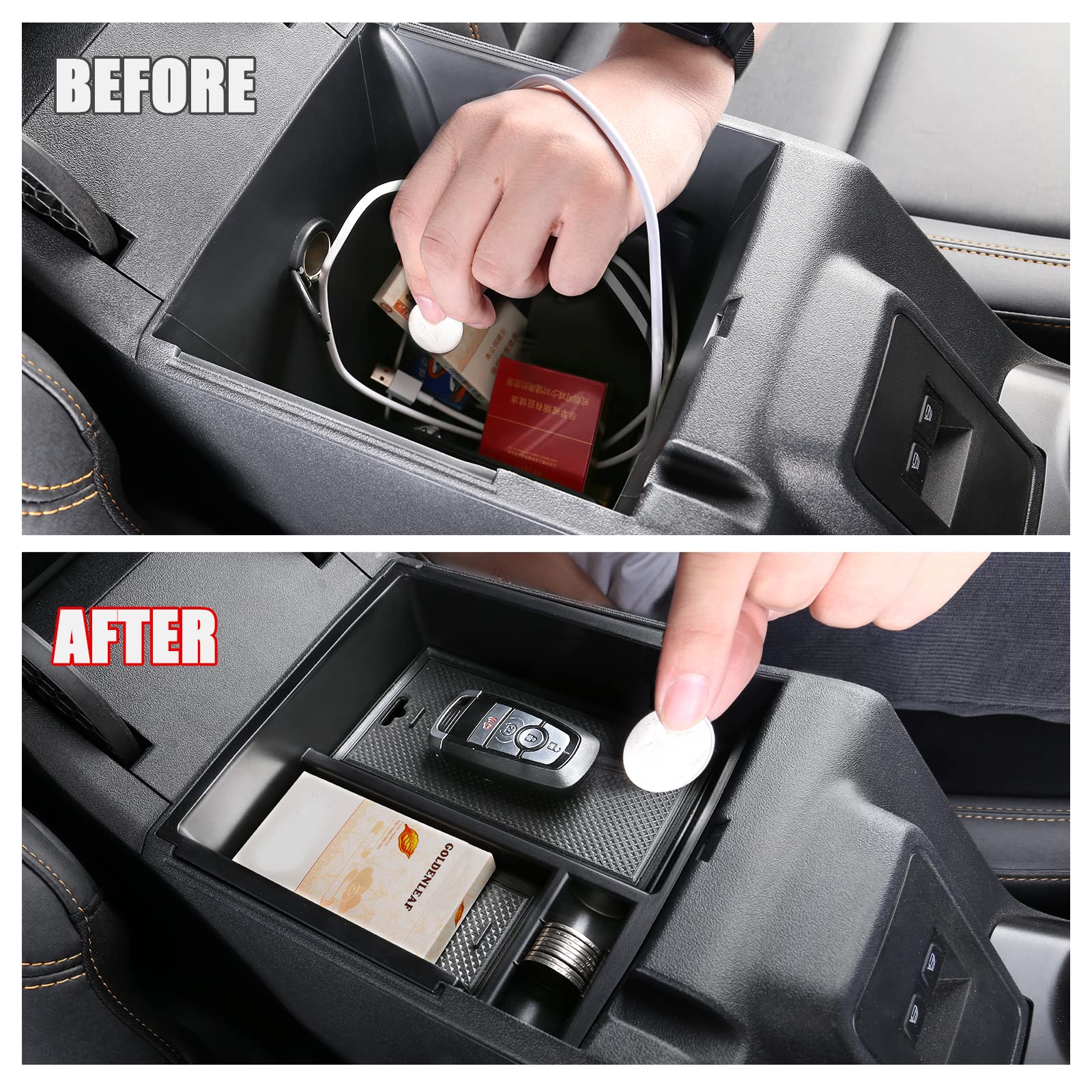 Mabett Center Console Organizer Tray for Ford Bronco 2021-2024, Rubber Armrest Storage Insert with Non-Slip Mat, Upper Tray