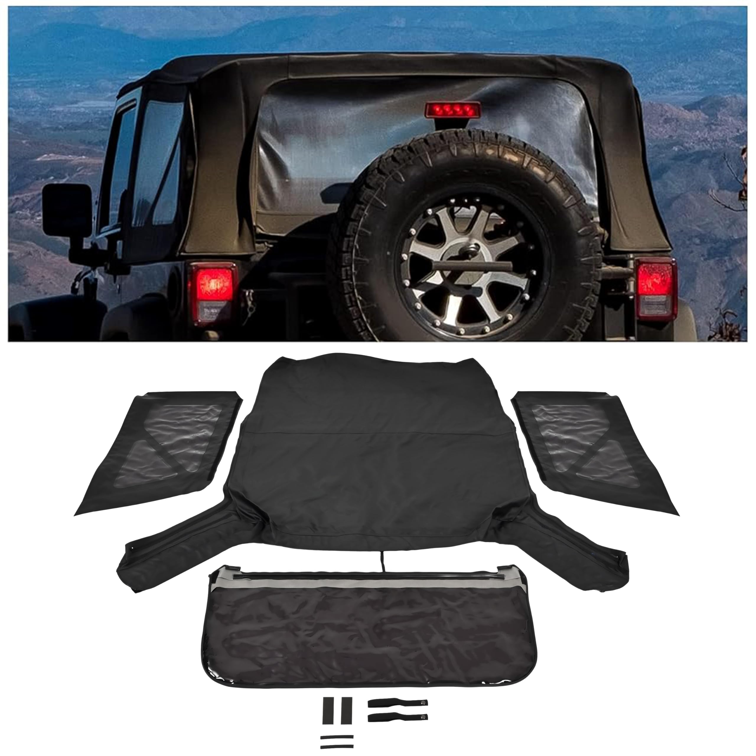 HECASA Soft Top Replacement Compatible with 2007-2018 Jeep Wrangler 2 Door Models w/Removable Side Back Window Black
