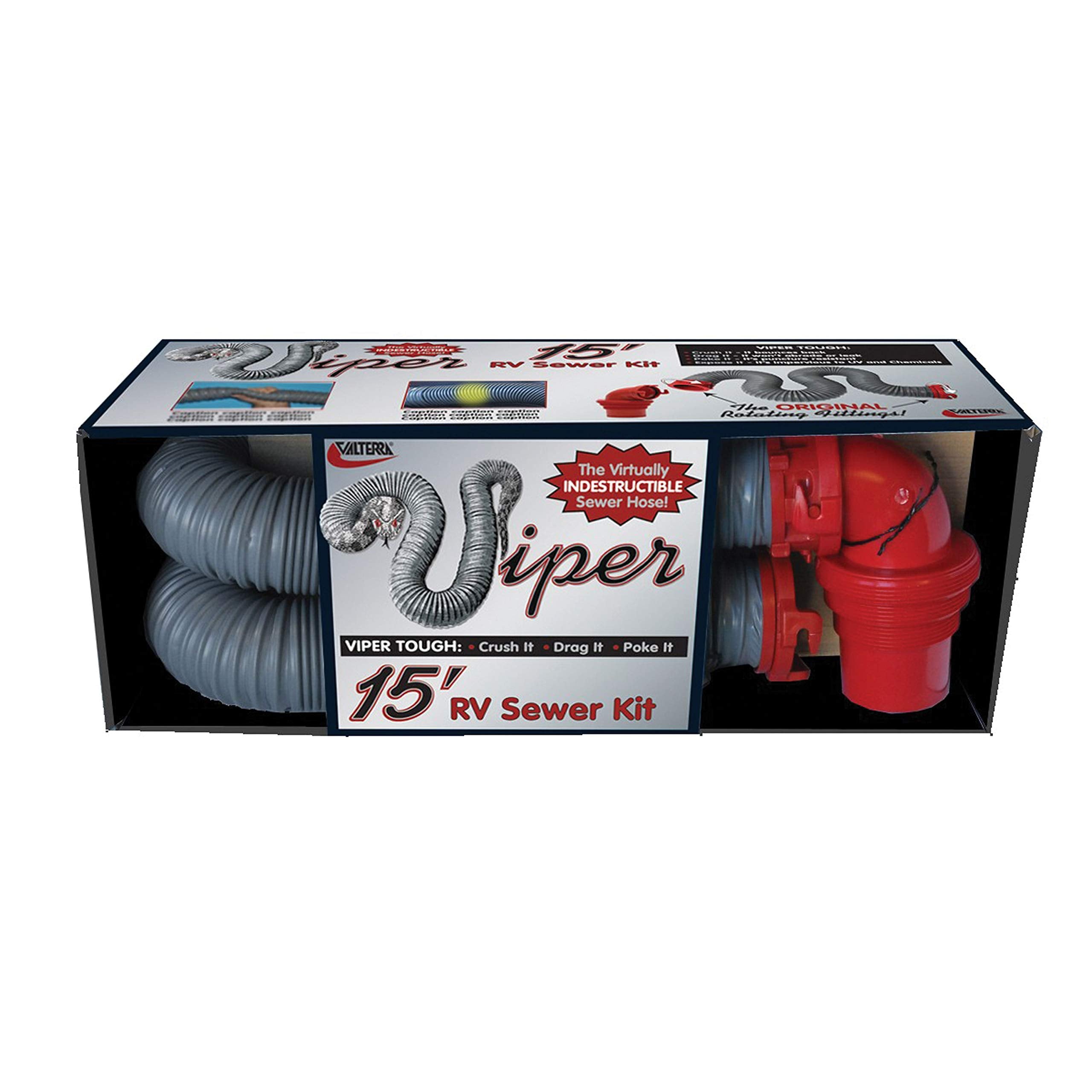 Valterra Viper 15-Foot RV Sewer Hose Kit, Universal Sewer Hose for RV Camper, Includes 15-Foot Hose with Rotating Fittings, 90 Degree ClearView Sewer Adapter and 2 Drip Caps