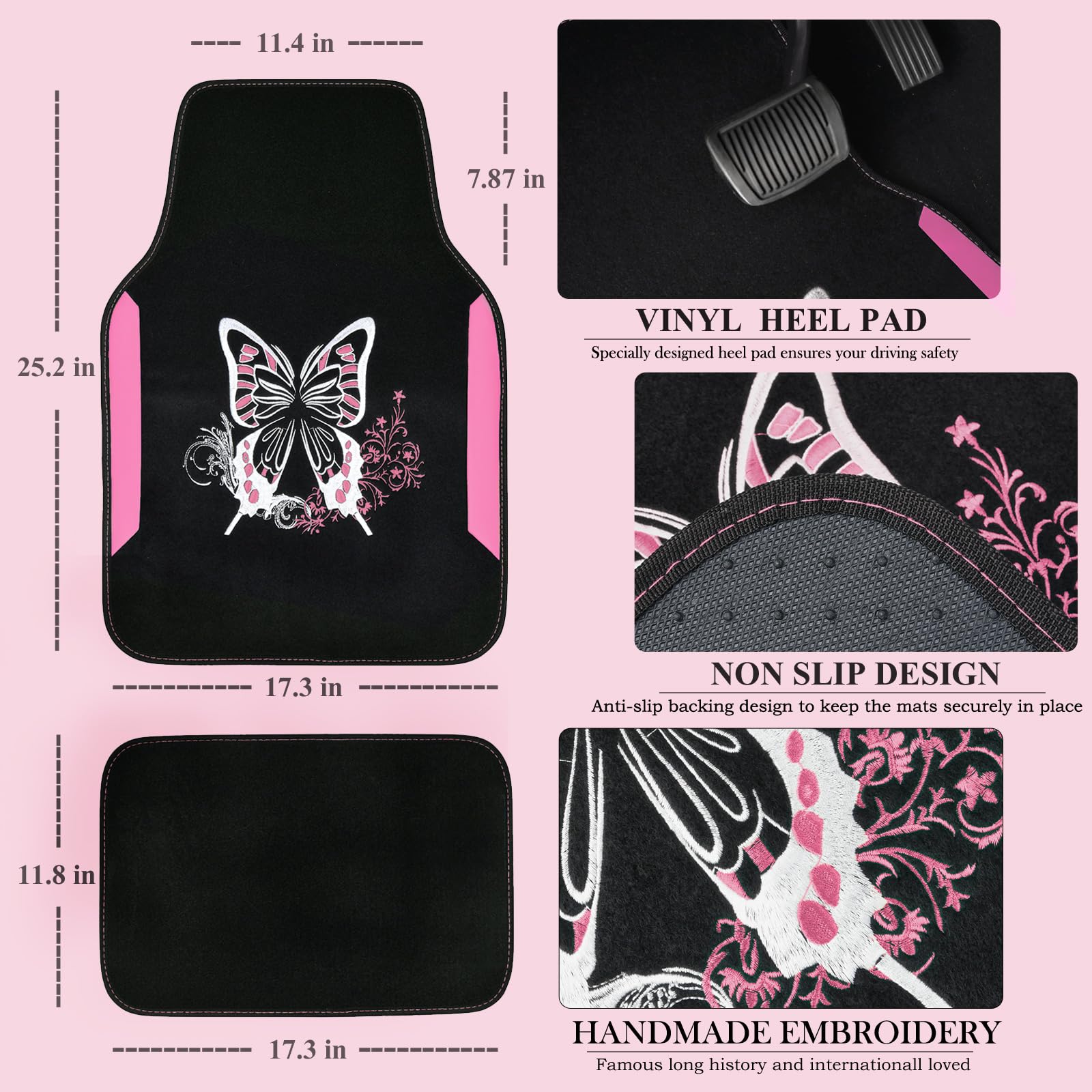 CAR PASS Pink Leather & Gaberdine Butterfly Car Seat Covers Full Set with Waterproof Car Floor Mats and Embroidered Butterflies