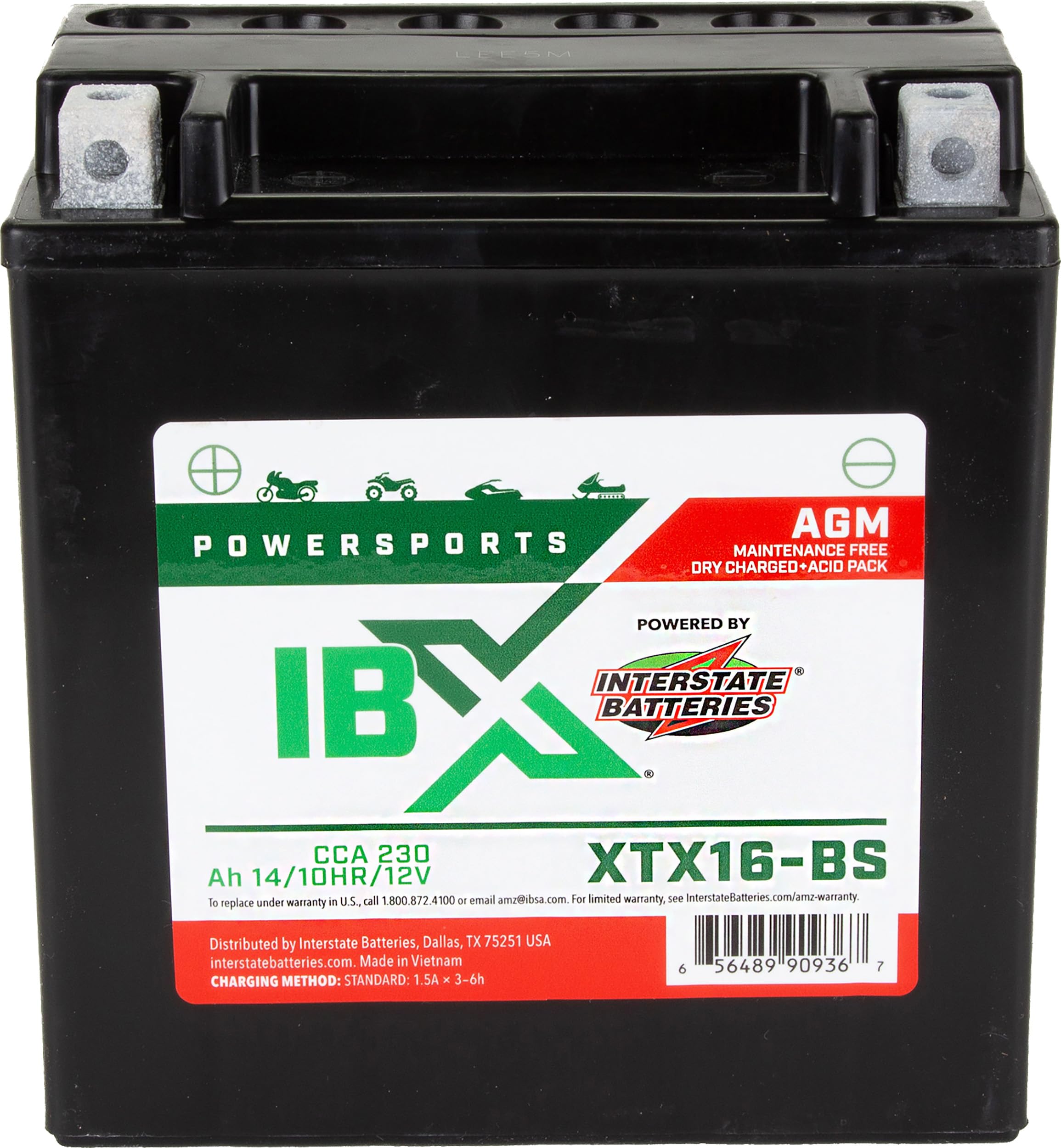 Interstate Batteries Ytx16-Bs 12V 14Ah Powersports Battery 230Cca Agm Rechargeable Replacement For Atvs, Motorcycles, Scooters (