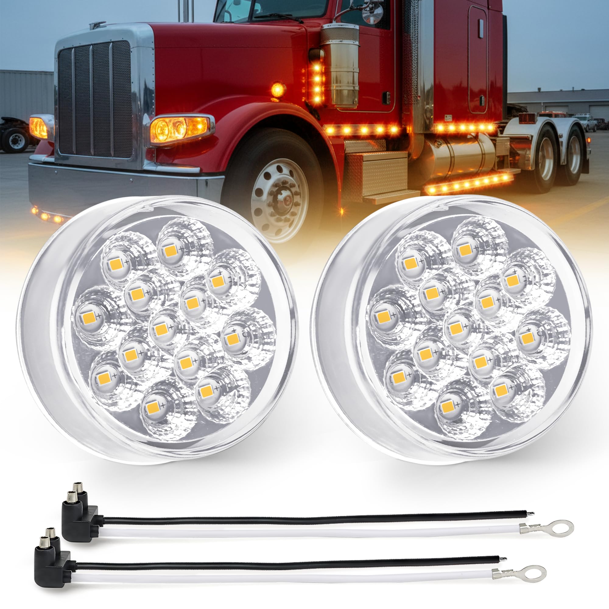 MADCATZ 2Pcs 2.5    Mini Round Clear Lens Amber LED Marker Lights 13 Diodes Reflectors w/2-Prong Pigtail, Sealed Waterproof 12V 