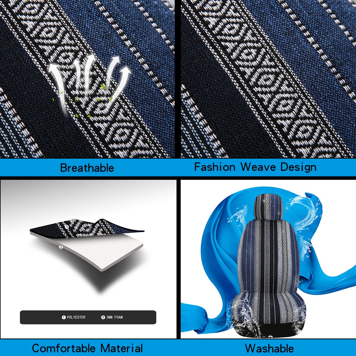 Ponyjoyup Baja Saddle Blanket Car Seat Covers 4Pcs Front, Breathable And Washable Striped Woven Automotive Vehicle Seat Cover, Universal Seat Cover For Sedan, Suv, Truck, Airbag Compatible