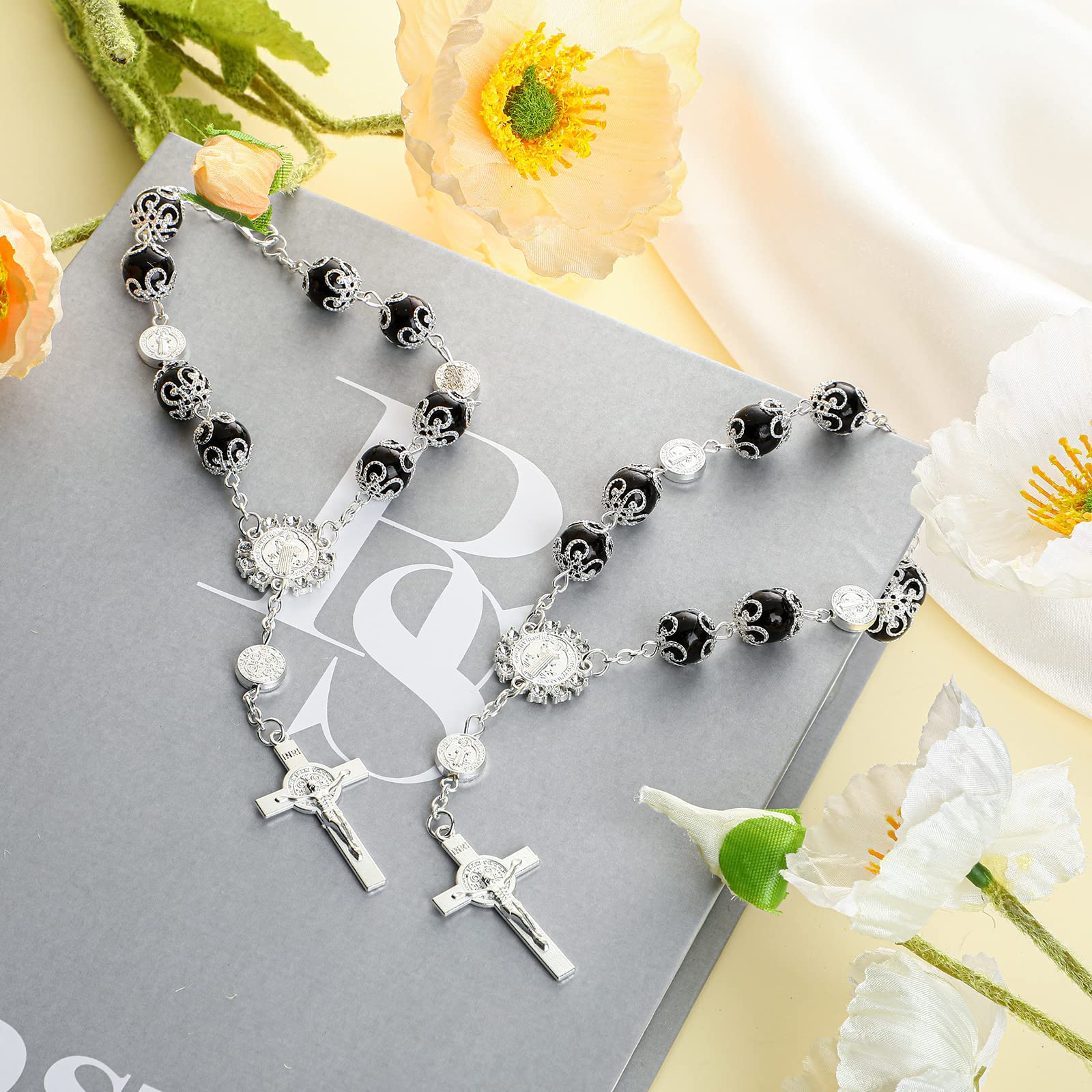 Frienda Saint Benedict Car Rosary 2 Pcs Rearview Mirror Auto Rosary Hanging Personalized Car Cross Blessing Catholic Medal For T