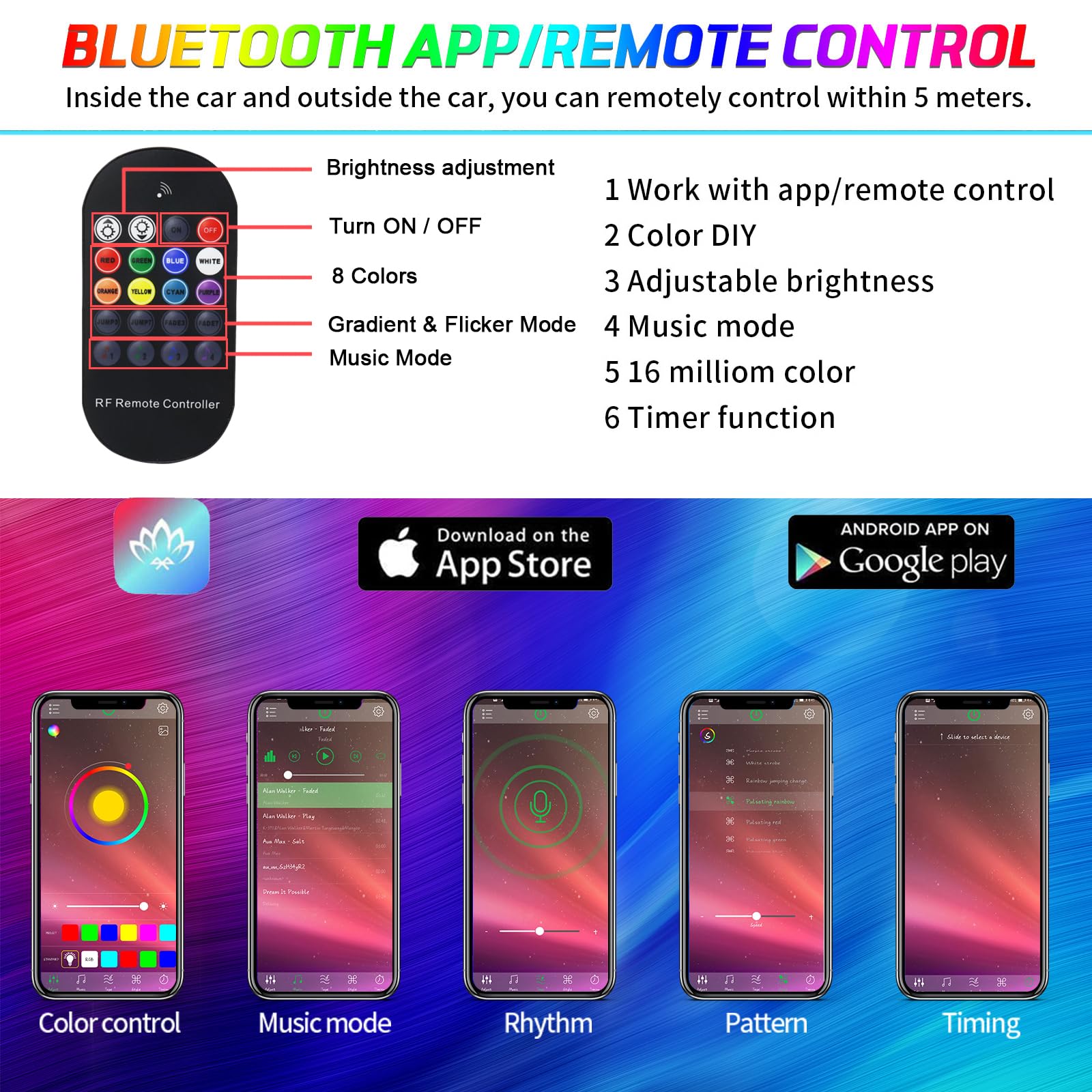 10 In 1 Car Interior Light Kit, Ambient Lighting Kits With 315 Inches Fiber Optic, App Control, Car Accessories Multicolor Rgb N