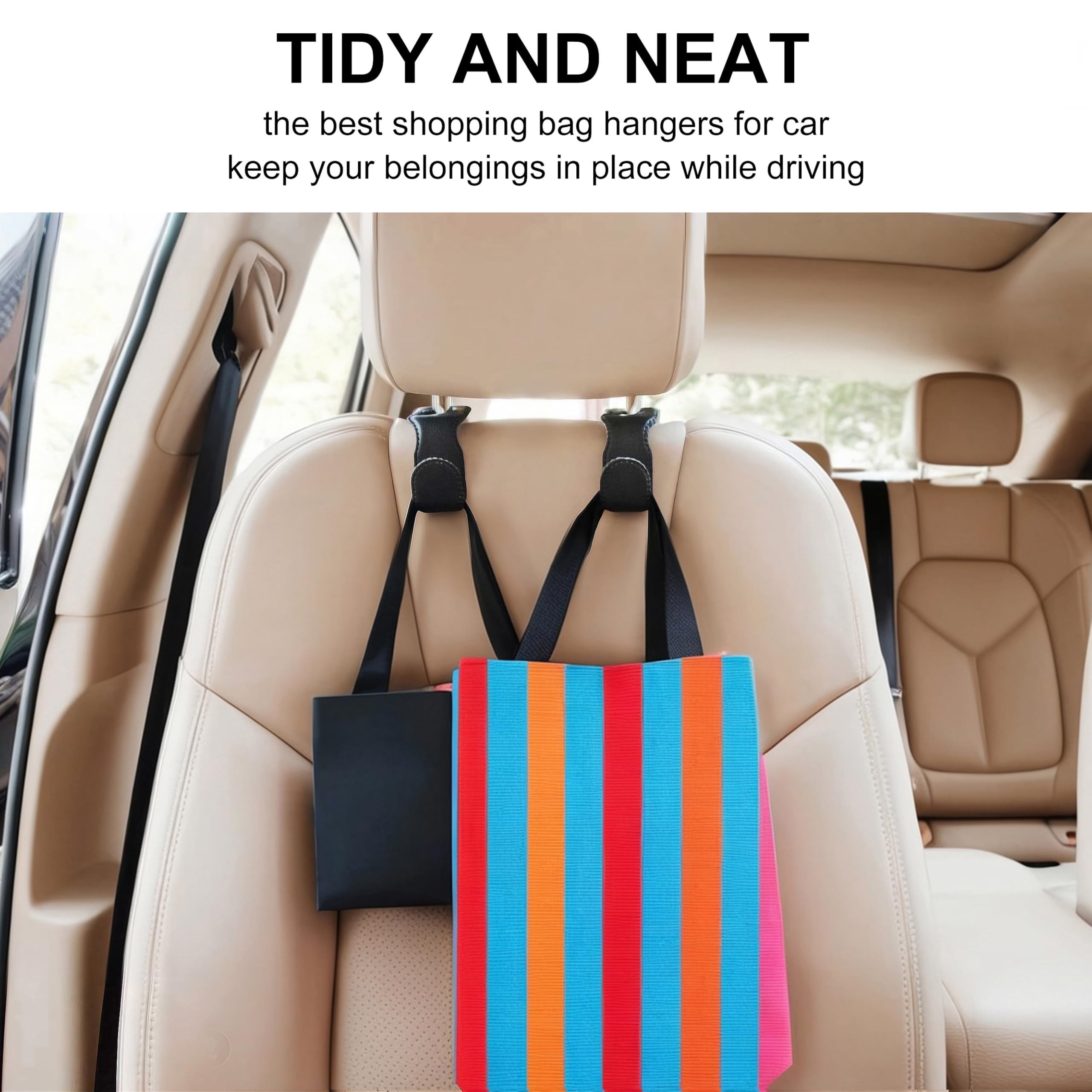 Eldhus Headrest Hooks For Purses And Bags, 2 Pack Car Seat Hooks For Grocery Bag Handbag, Metal Car Purse Holder Covered By Leat