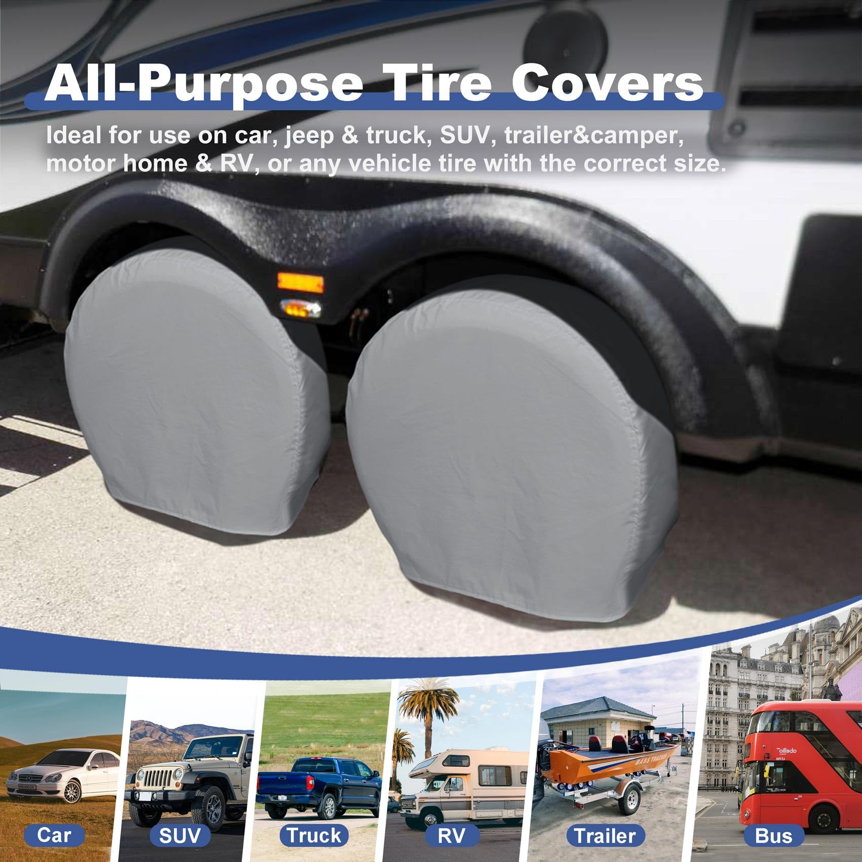 Explore Land Tire Covers 4 Pack - Charcoal Tough Protectors for Truck, SUV, RV - Fits Tire Diameters 35-38.75 inches