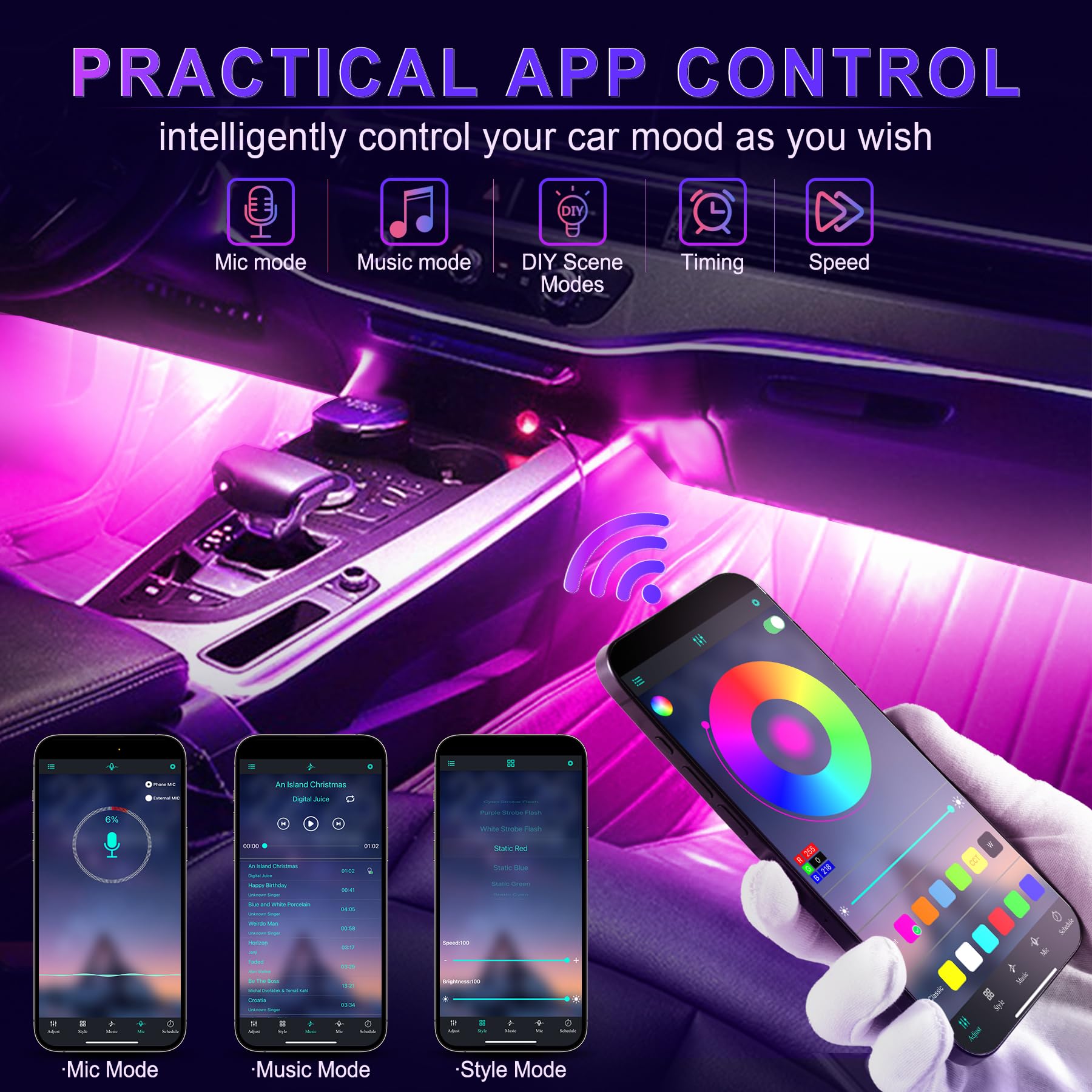Livtee Smart Car Interior Lights, Rgb Led Accent Lights With App Control, Music Mode, Diy Mode, 2-Line Design, Charger Included,