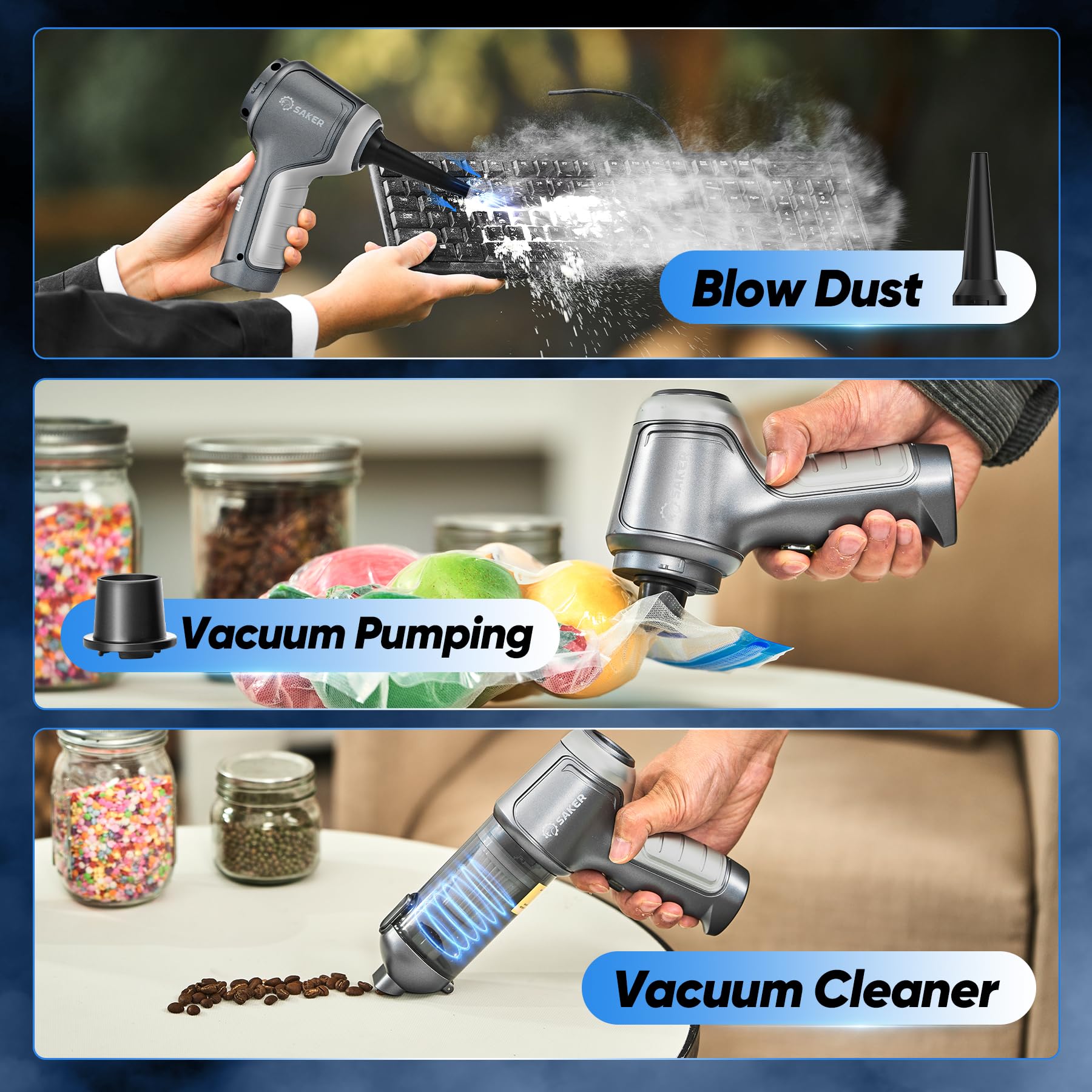 Saker Car Vacuum Cleaner Portable Cordless 14000Pa,3 In 1 Handheld Car Vacuum With Brushless Motor One-Click Dust Removal For Ca