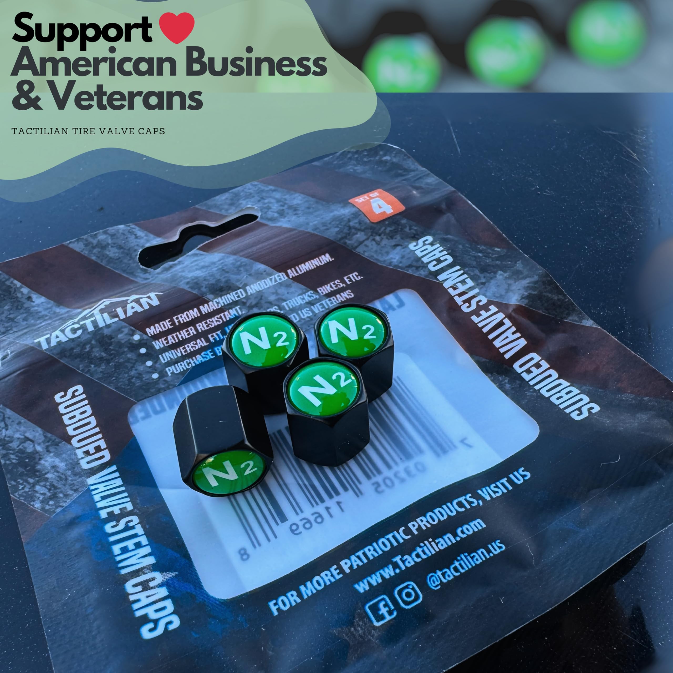 Tactilian N2 Nitrogen Tire Valve Caps | Leakproof Aluminum Tire Valve Stem Caps Green With Rubber O-Rings For Nitrogen Filled Ti