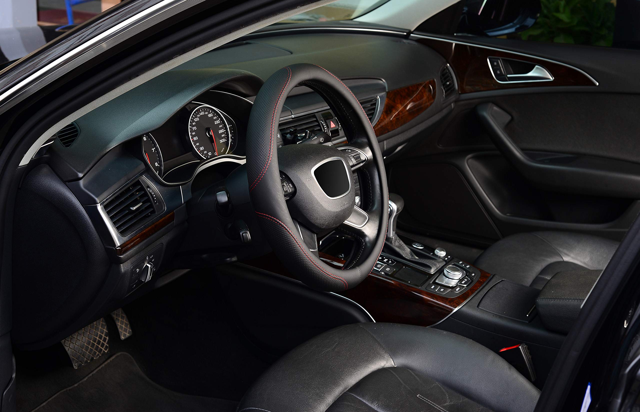 Kafeek Microfiber Leather Steering Wheel Cover, Universal 15 Inch, Red Lines