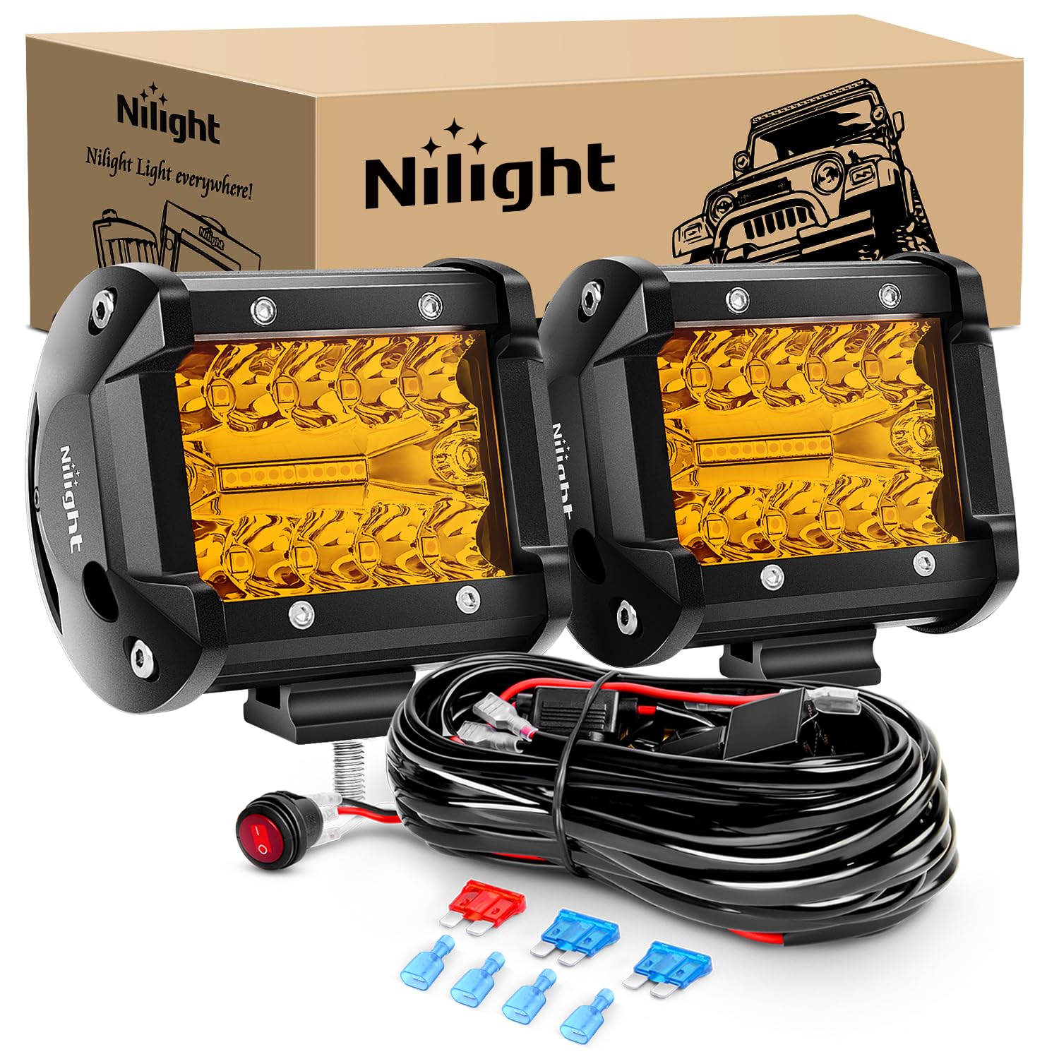 Nilight 2Pc 4Inch Amber Led Pods Triple Row 60W Flood Spot Combo Driving Fog Lights With 16Awg Wiring Harness-2 Leads For Offroa
