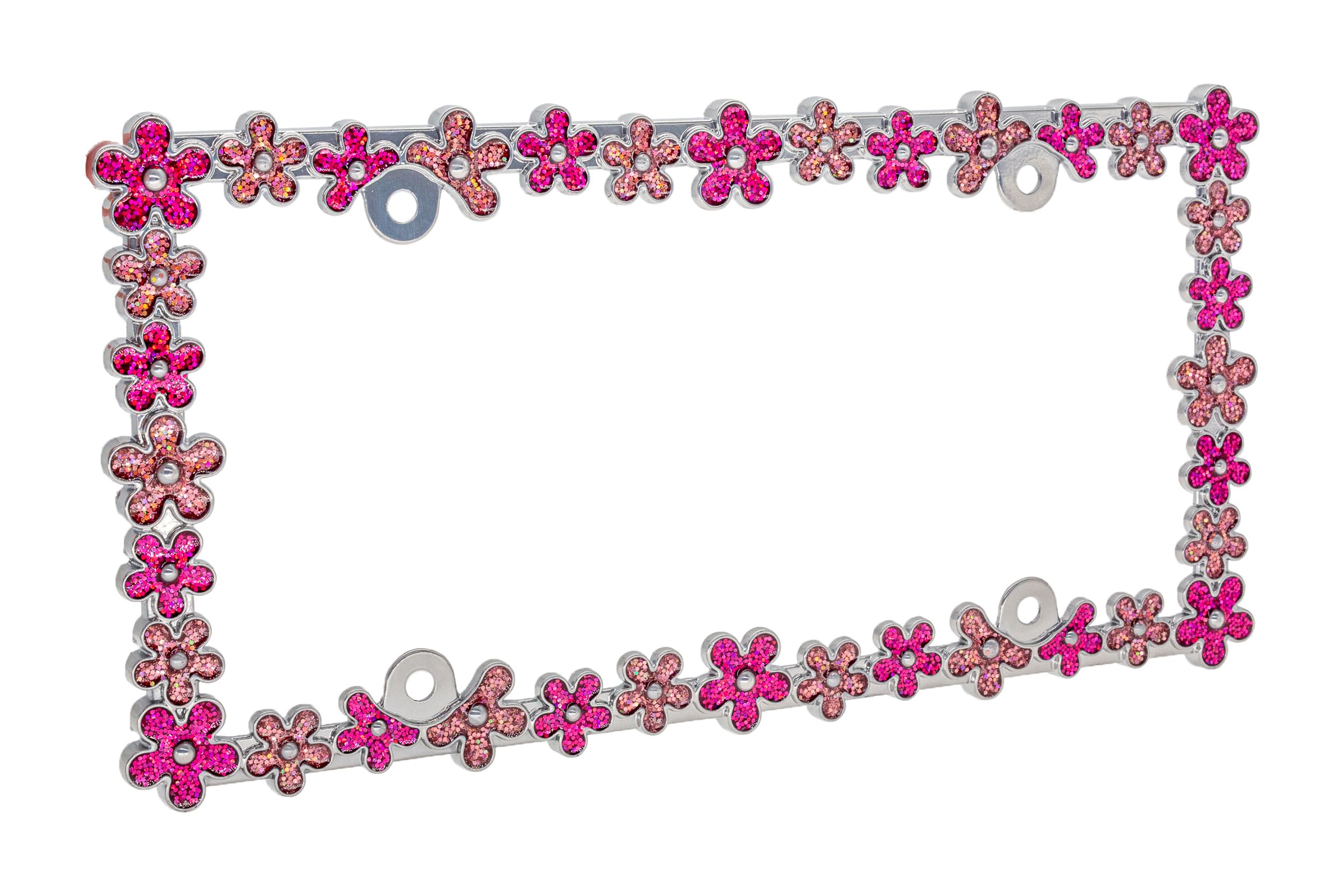 Creathome 3D Shining Daisy Wrenth License Plate Frame From Pure Zinc Alloy Metal Perfect Plate Holder, Chrome With Pink Glitter