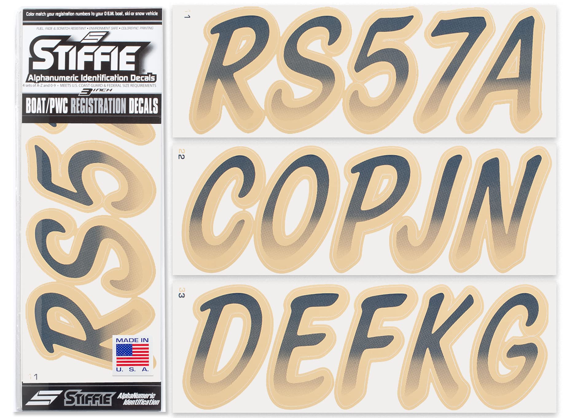 STIFFIE Whipline Navy/Tan 3'' Boat & PWC Registration Decals  Numbers Letters Stickers