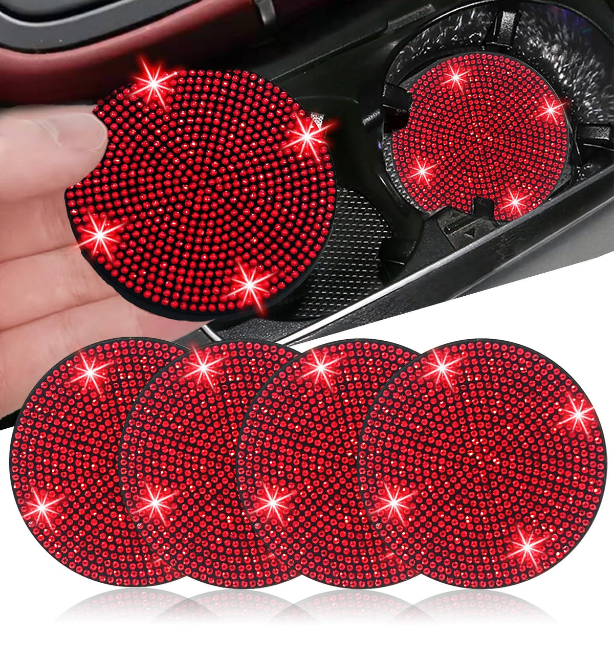 Nbtepem 4Pcs Bling Car Cup Holder Coaster, 2.75 Inch Anti-Slip Shockproof Universal Fashion Car Coasters Insert Bling Crystal Rh