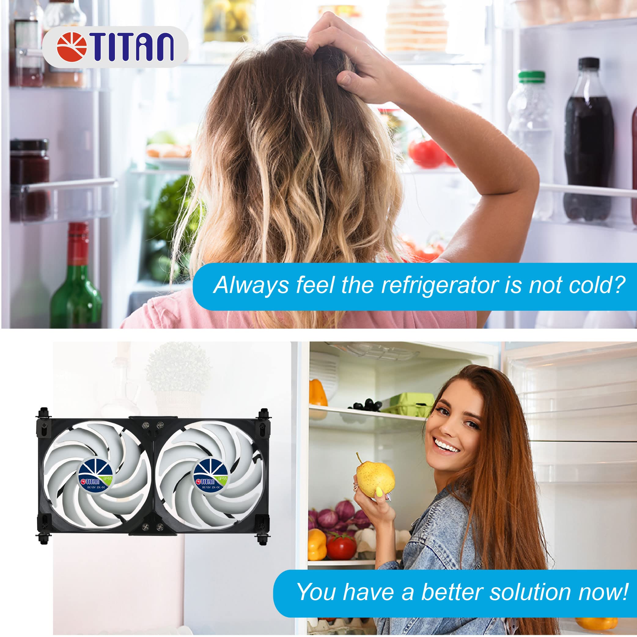 TITAN- 12V DC Double Rack Mount Ventilation Cooling Fan for Fridge Vent and Ventilation Grille with Speed Controller (140mm)