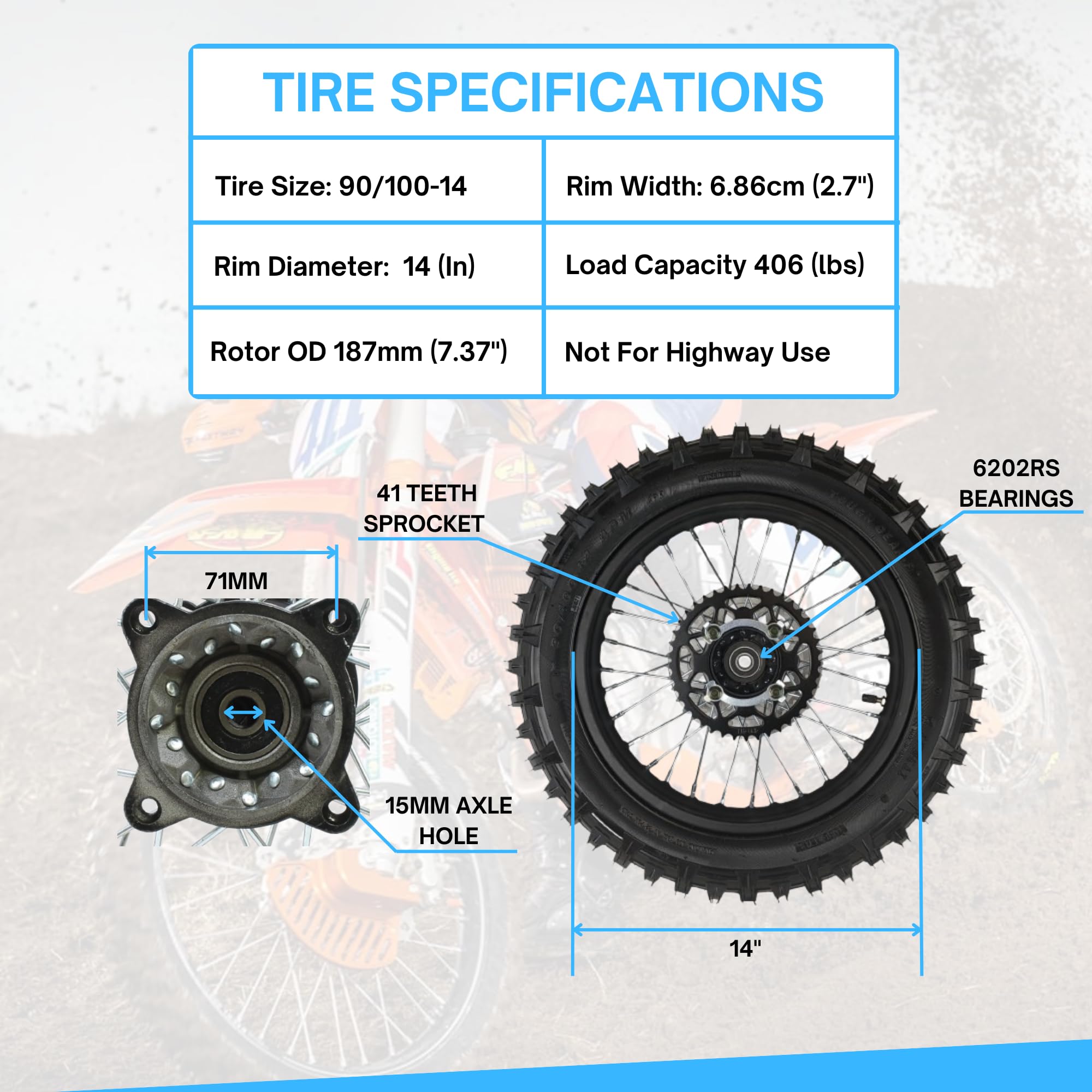 14'' Rear Wheel Rim Tire Assembly For Dirt Pit Bike Trail 90/100-14 Rear Wheel Rim Tire Fits 125/140/150/160cc Pit Dirt Bike KLX