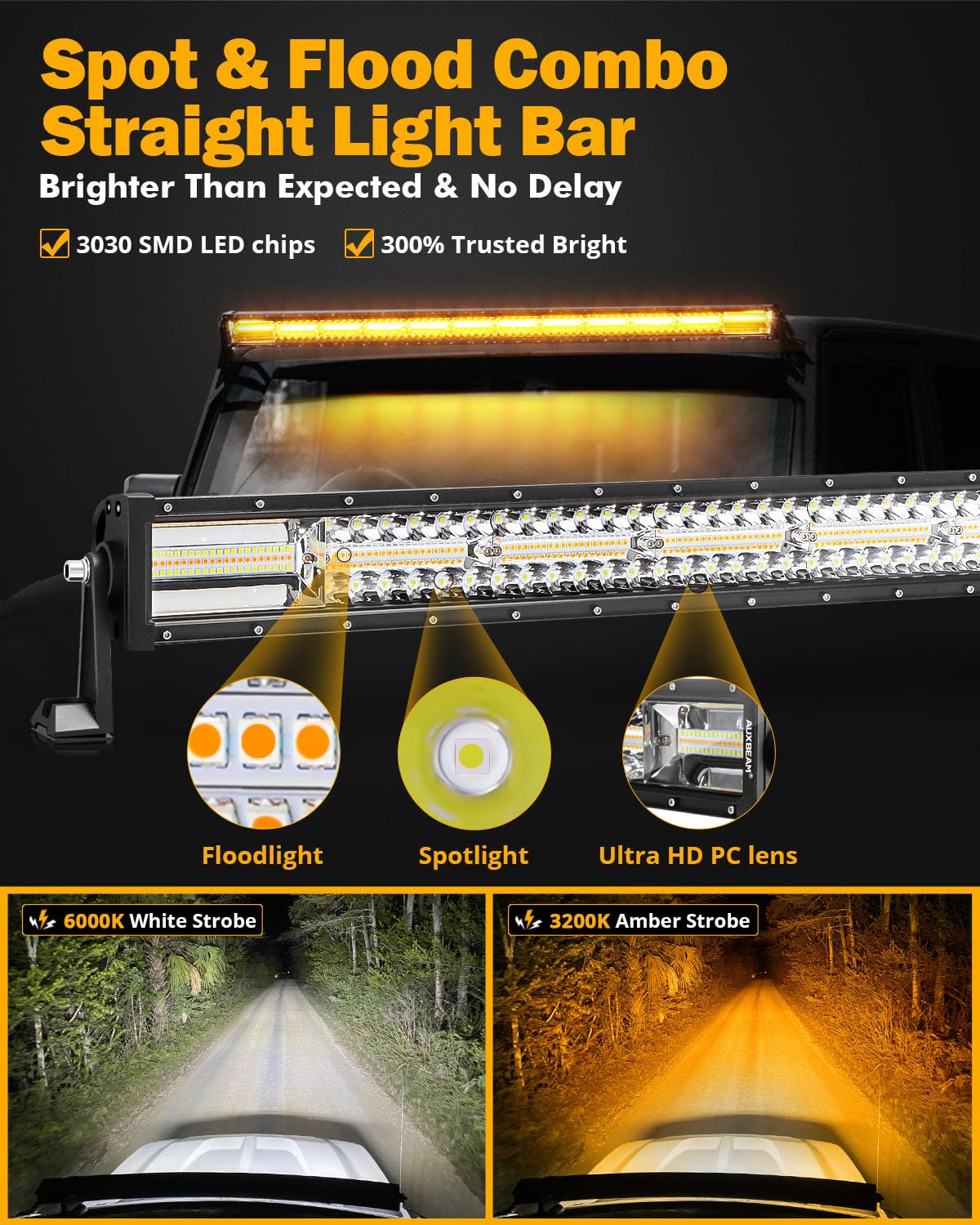 Auxbeam 50Inch Led Straight Light Bar, 6 Modes Amber White Strobe Light, 288W Dual Color Spot Flood Combo Offroad Fog Driving Li