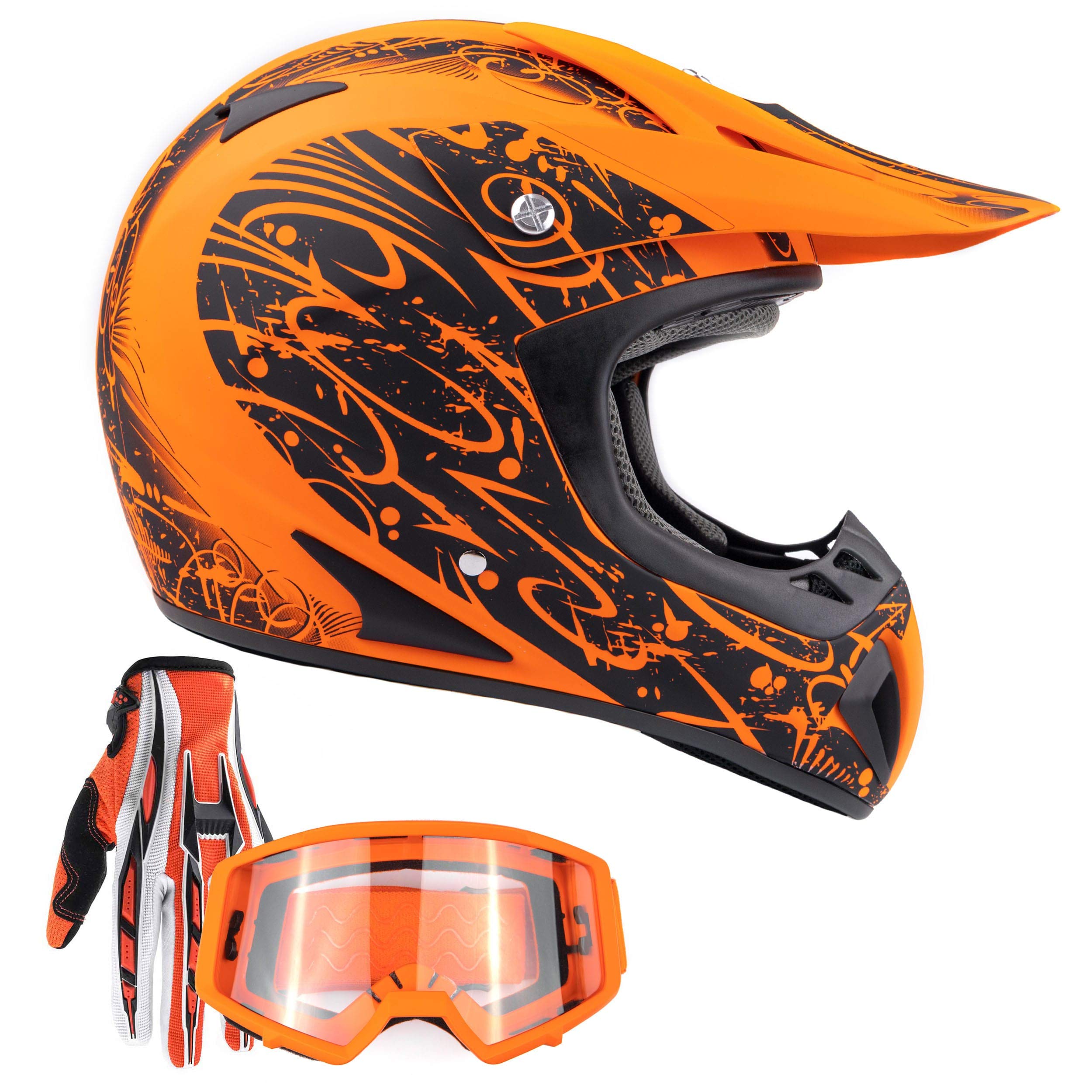 Typhoon Adult Atv Mx Helmet Goggles Gloves Gear Combo Matte Orange W/ Orange ( Large )