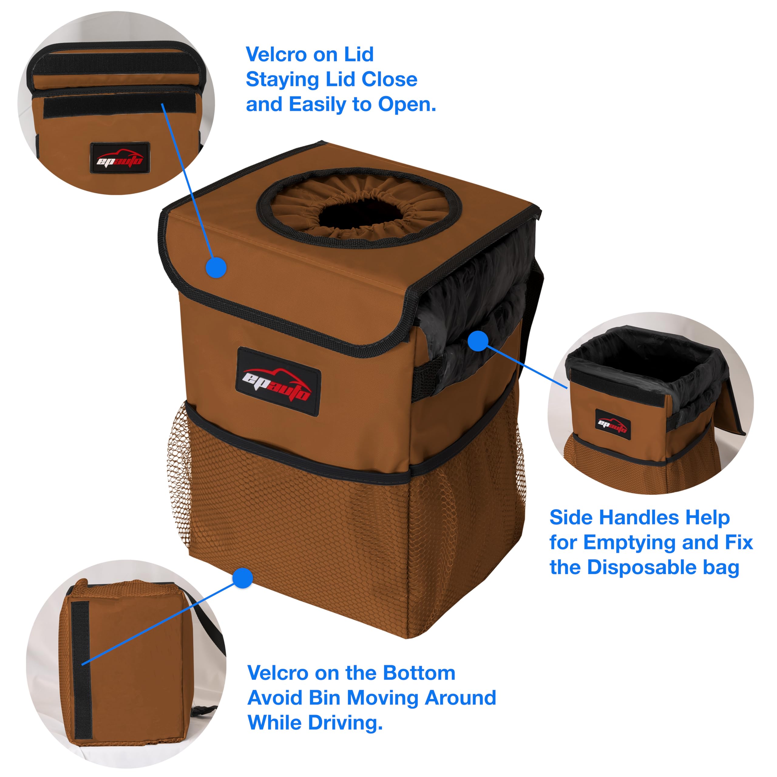 Epauto Waterproof Car Trash Can With Lid And Storage Pockets, Brown