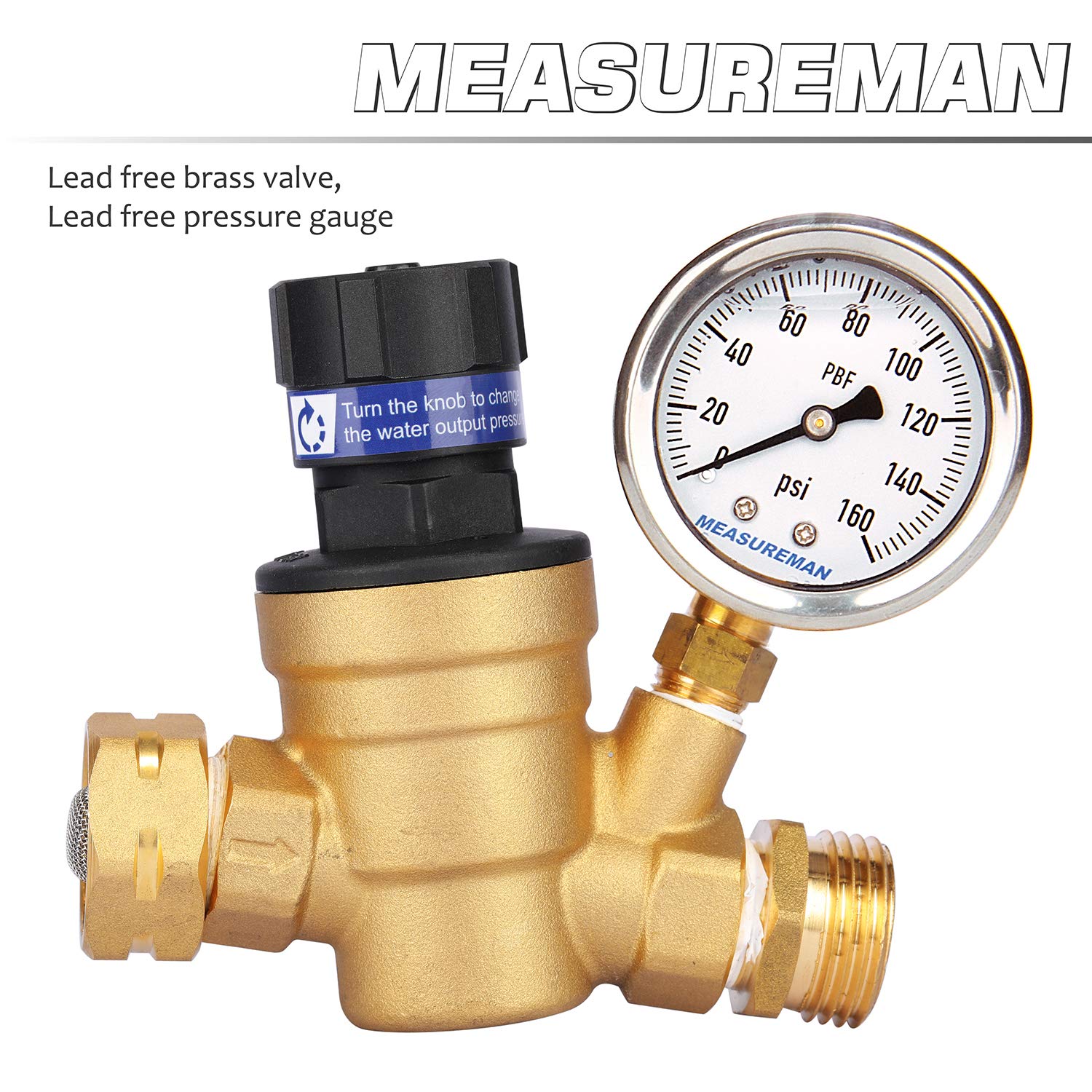 Measureman Handle Adjustable Brass Lead-Free Rv Pressure Regulator, Pressure Reducer With Liquid Filled Pressure Gauge 160Psi An