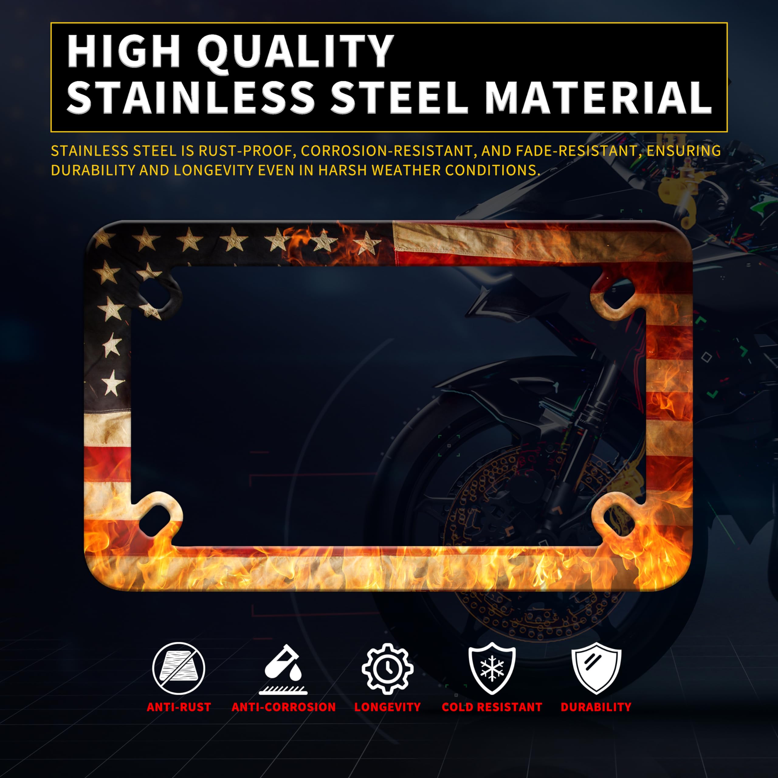 Motorcycle Retro American Flag Flame License Plate Frame Stainless Steel Material Funny Motorbike License Plate Holder Motorcycl