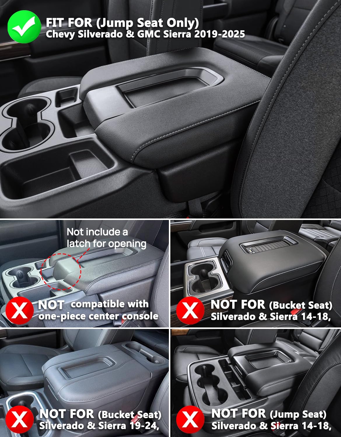 Kbh Center Console Armrest Cover Replacement For Chevy Silverado & Gmc Sierra 2020 2021 2022 2023 2024 2025, Jump Seat, Arm Rest