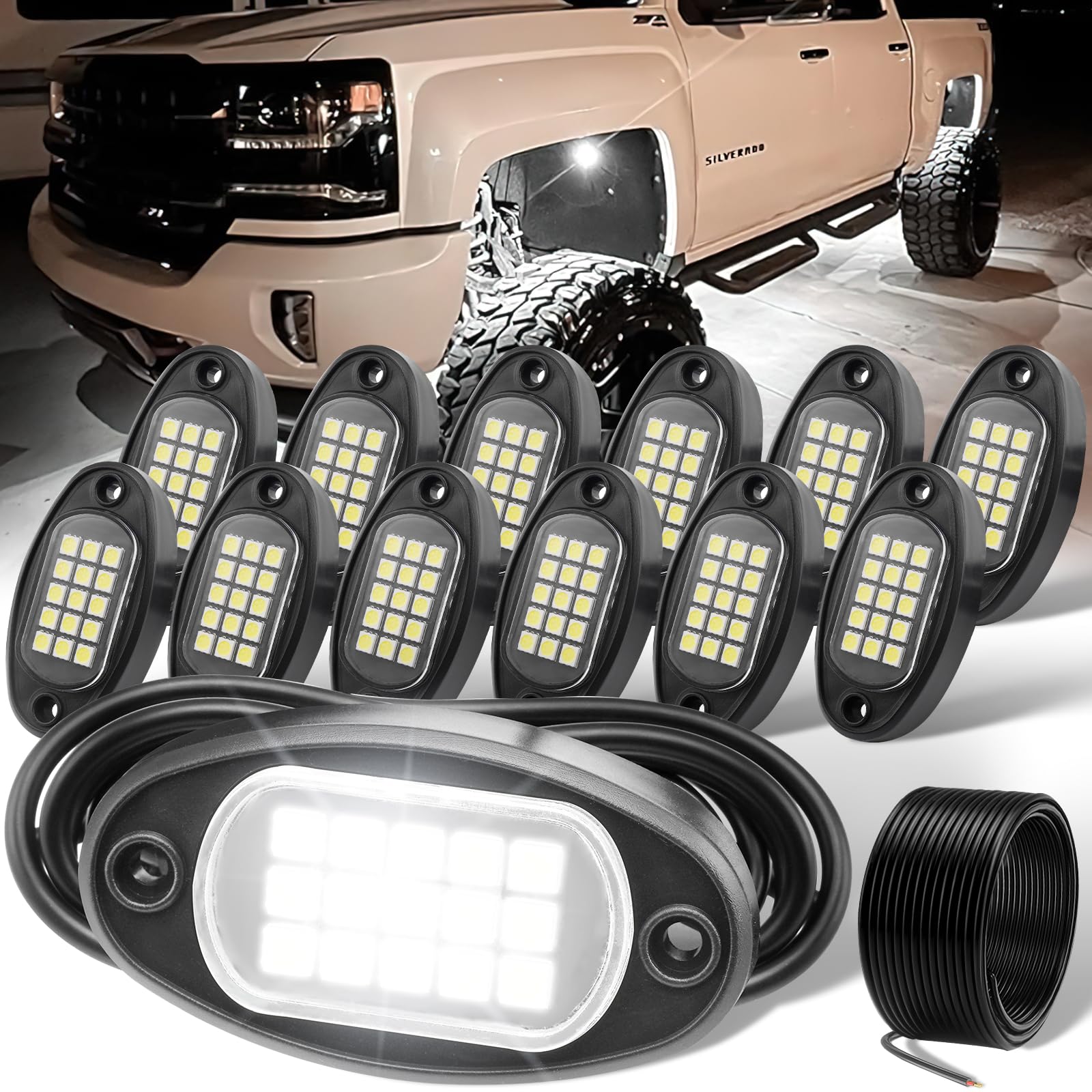 Yoneda Rock Lights For Trucks(12 Pods White With 11Yd Wire)