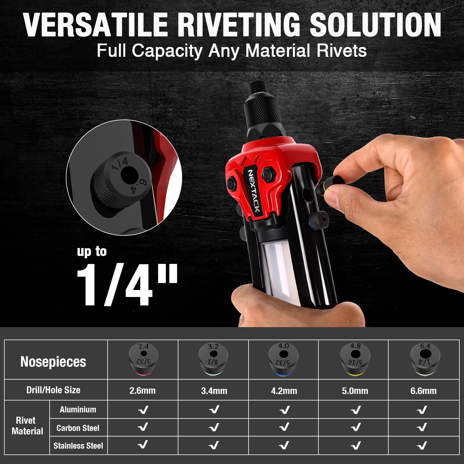 NEXTACK Rivet Gun Kit, 1/4 Pop Rivet Gun w/ 350 Assorted Rivets, 13 '' Full Metal Two-Handed Heavy Duty Riveter Tool Setter with