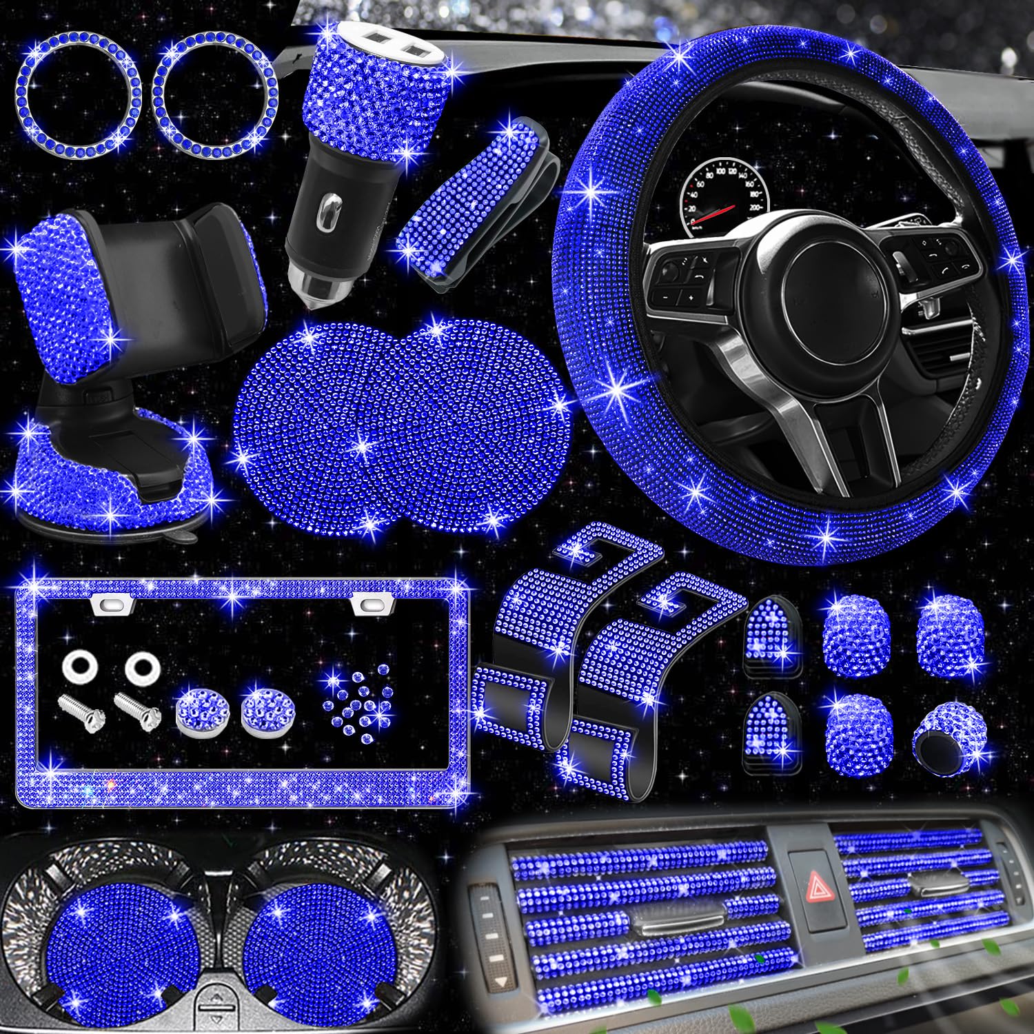 Nbtepem 27 Pcs Blue Bling Car Accessories Set For Women, Bling Steering Wheel Covers Universal Fit 15 Inch, Bling License Plate