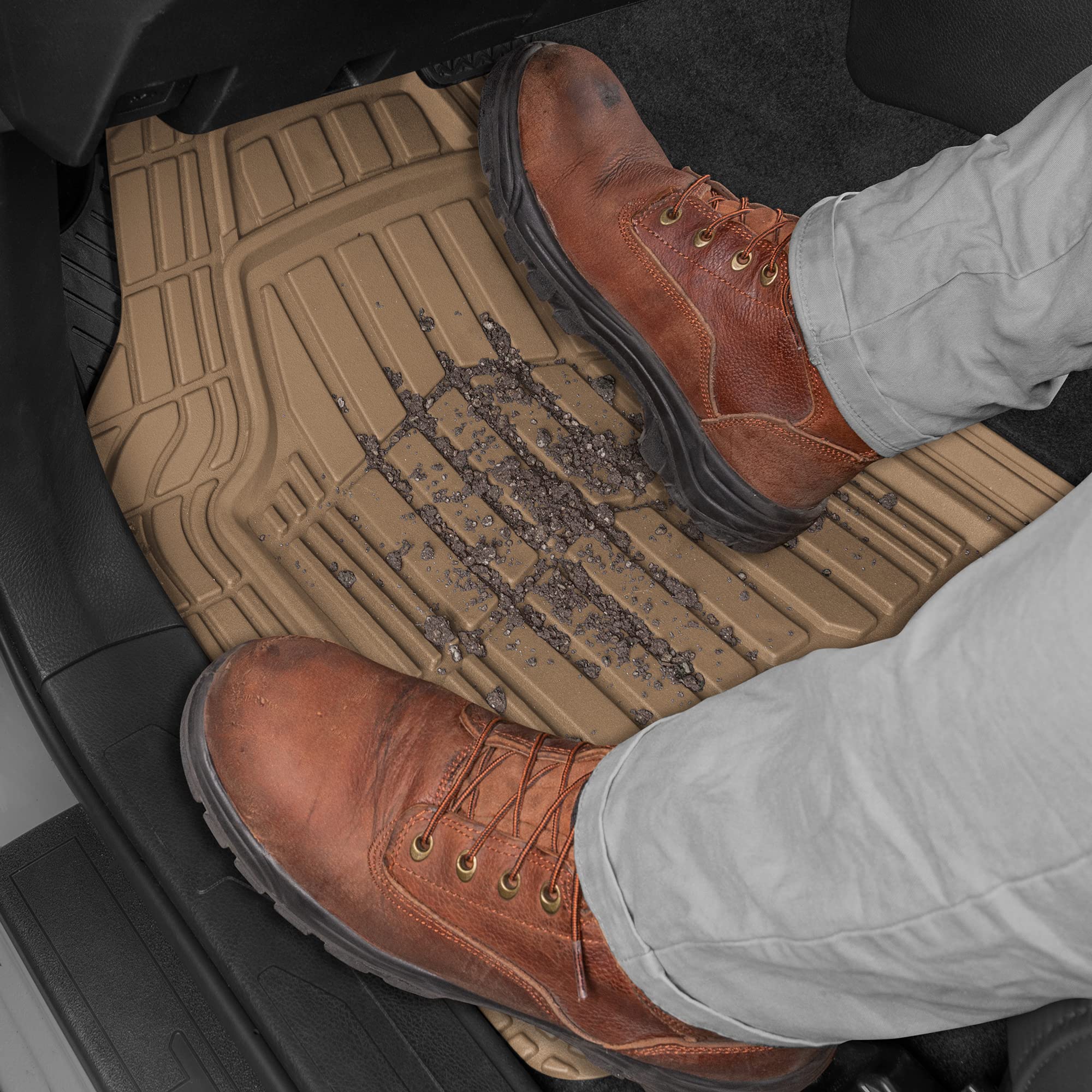 CAT ToughRide Heavy-Duty 4 Piece Rubber All Season Floor Mats for Car Truck Van SUV, Beige - Premium Trim to Fit Car Floor Mat,
