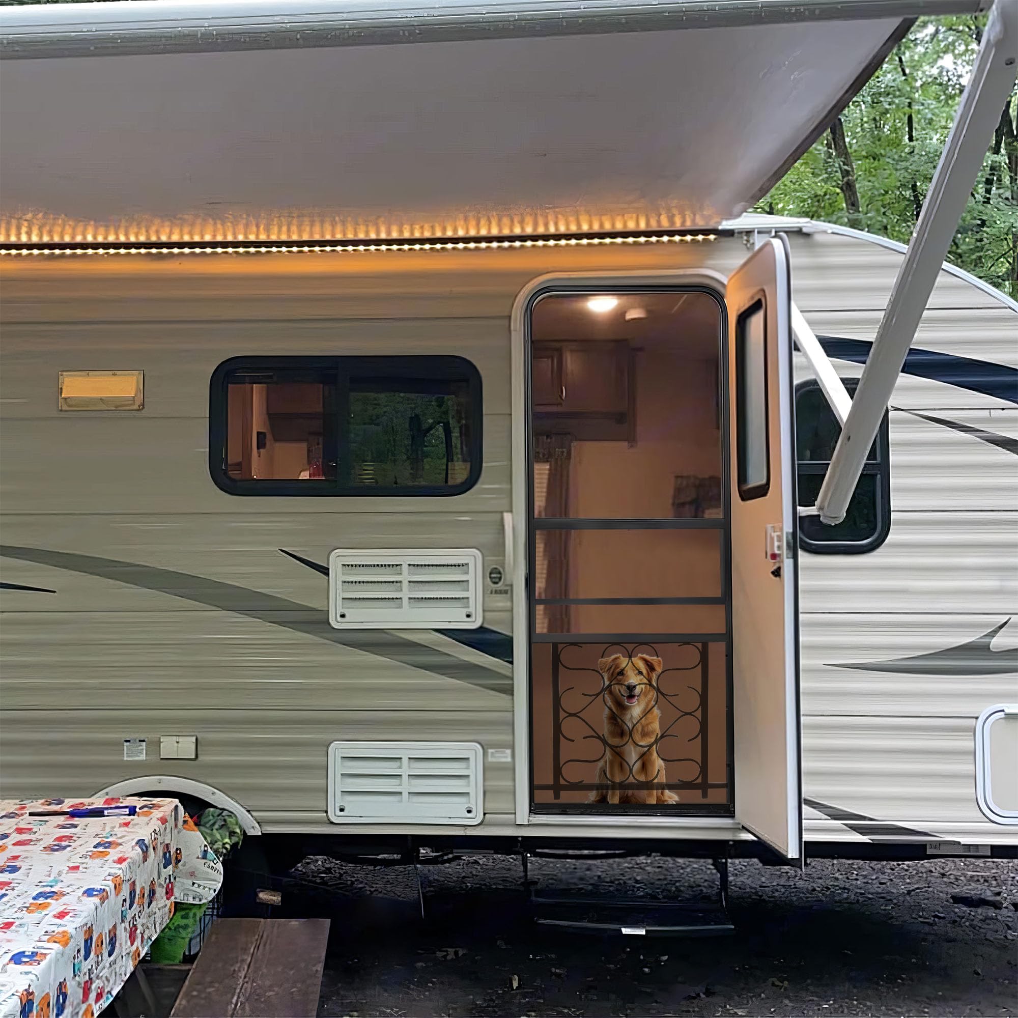 Camco Aluminum Deluxe Screen Door Grille Adjustable Up To 20 to 32 Inches Durable and Stylish Protection for Your Camper/RV, Bla