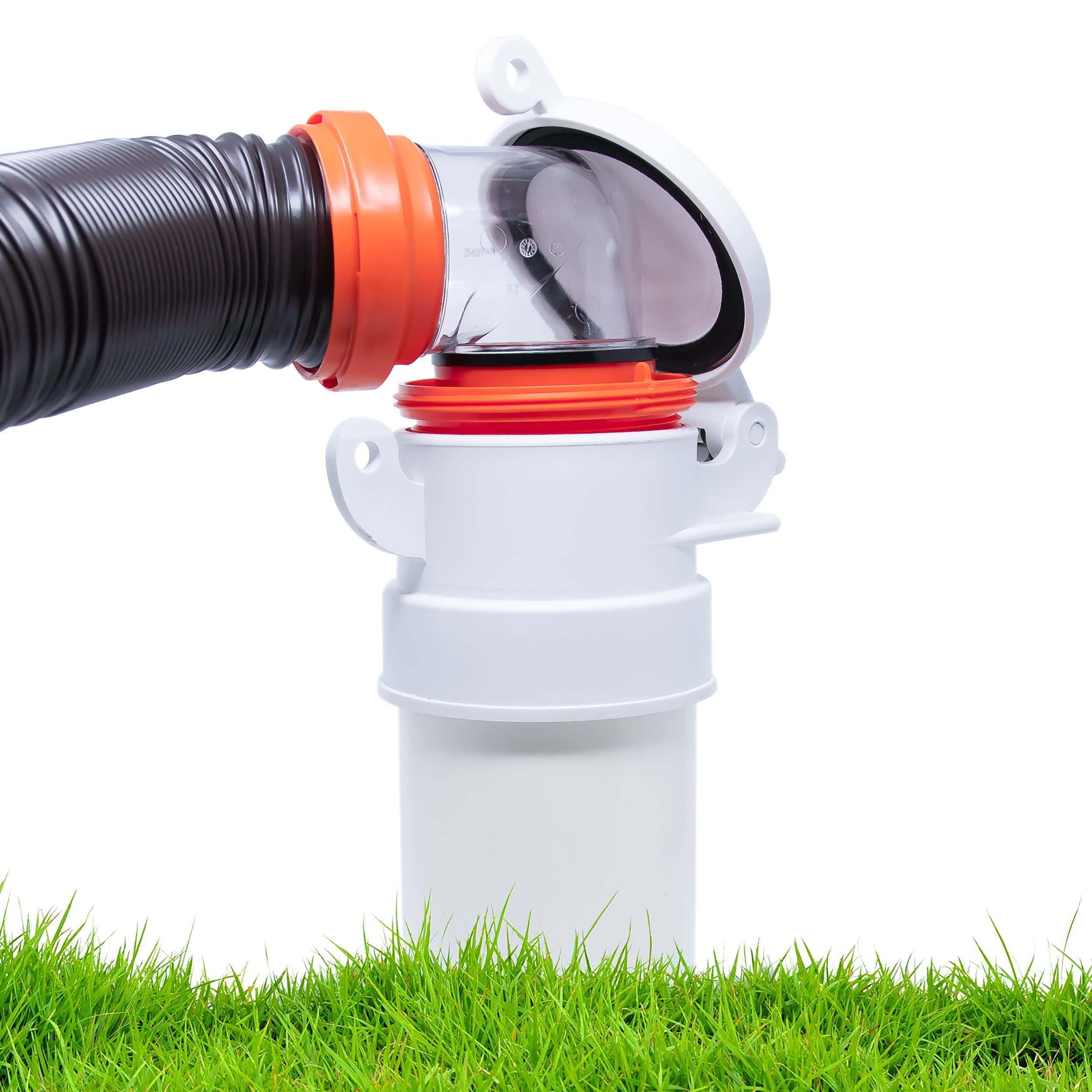 Enviro Design Products Footloose 4' Sewer Cap For Rv Sites/Campgrounds | Odorless, Self-Closing, Easy To Install & Use | Female, White, Polypropylene