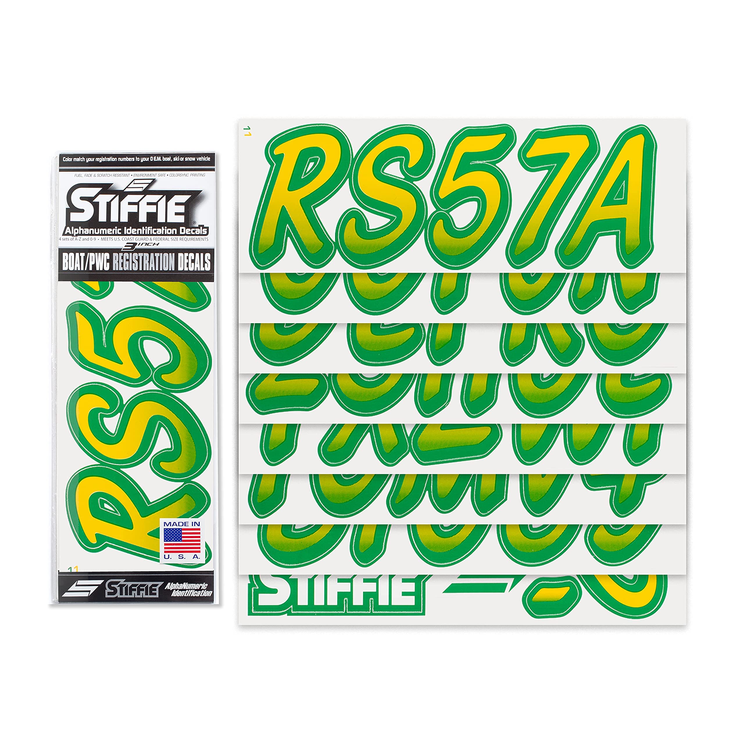 STIFFIE Whipline Yellow/Green 3'' Boat & PWC Registration Decals  Numbers Letters Stickers