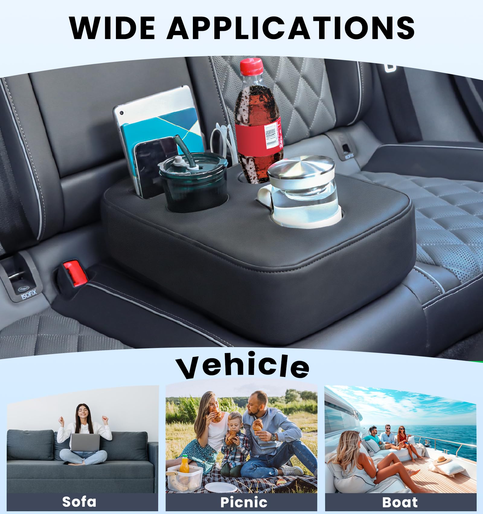 Sinvanho Car Cup Holder, Back Seat Cup Holder for Car, PU Leather Couch Sofa Bed Cup Holder Expander Tray, Boat Tray, Organizer