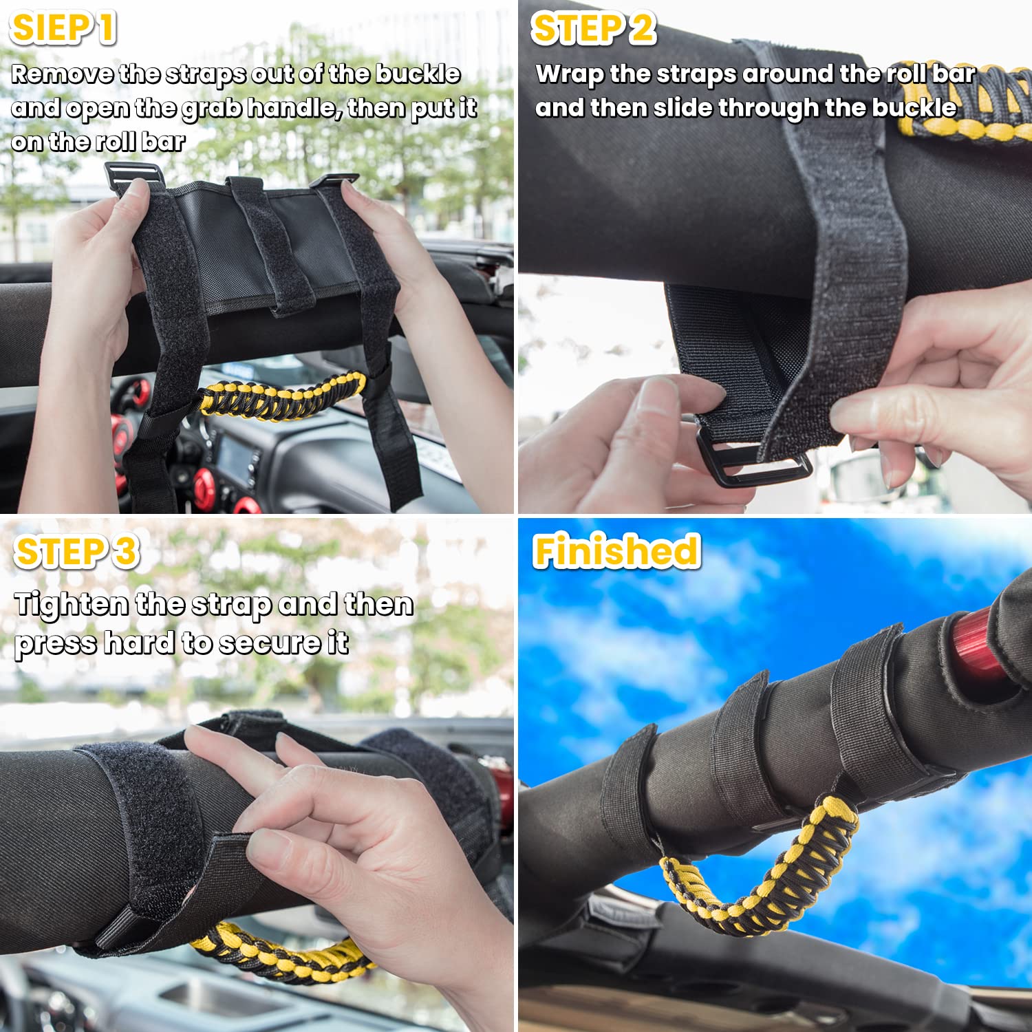 E-Cowlboy Roll Bar Grab Handles Grip Handle For Jeep Wrangler Yj Tj Jk Jku Jl Jlu Sports Sahara Freedom Rubicon Unlimited X Gladiator Jt 1955-2023 Utv Atv Premium Paracord (Yellow 2 Pack)