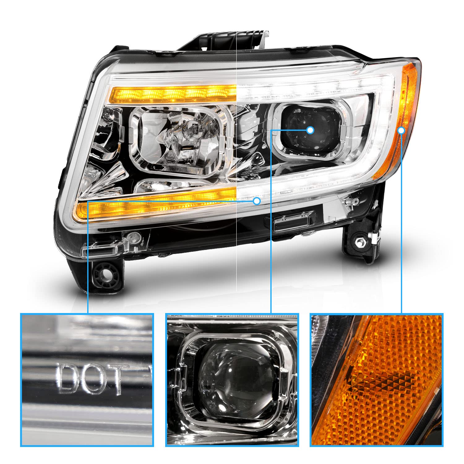 Amerilite For 2011-2013 Jeep Grand Cherokee Wk2 C-Type Led Switchback Tube Chrome Square Projector Headlight Assembly Pair - Passenger And Driver Side