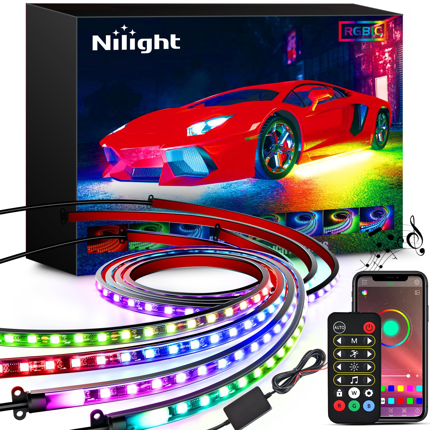 Nilight 4Pcs Car Underglow Neon Accent Strip Lights 256 Leds Rgbic Multi Color Diy Sound Active Function Music Mode With App Con