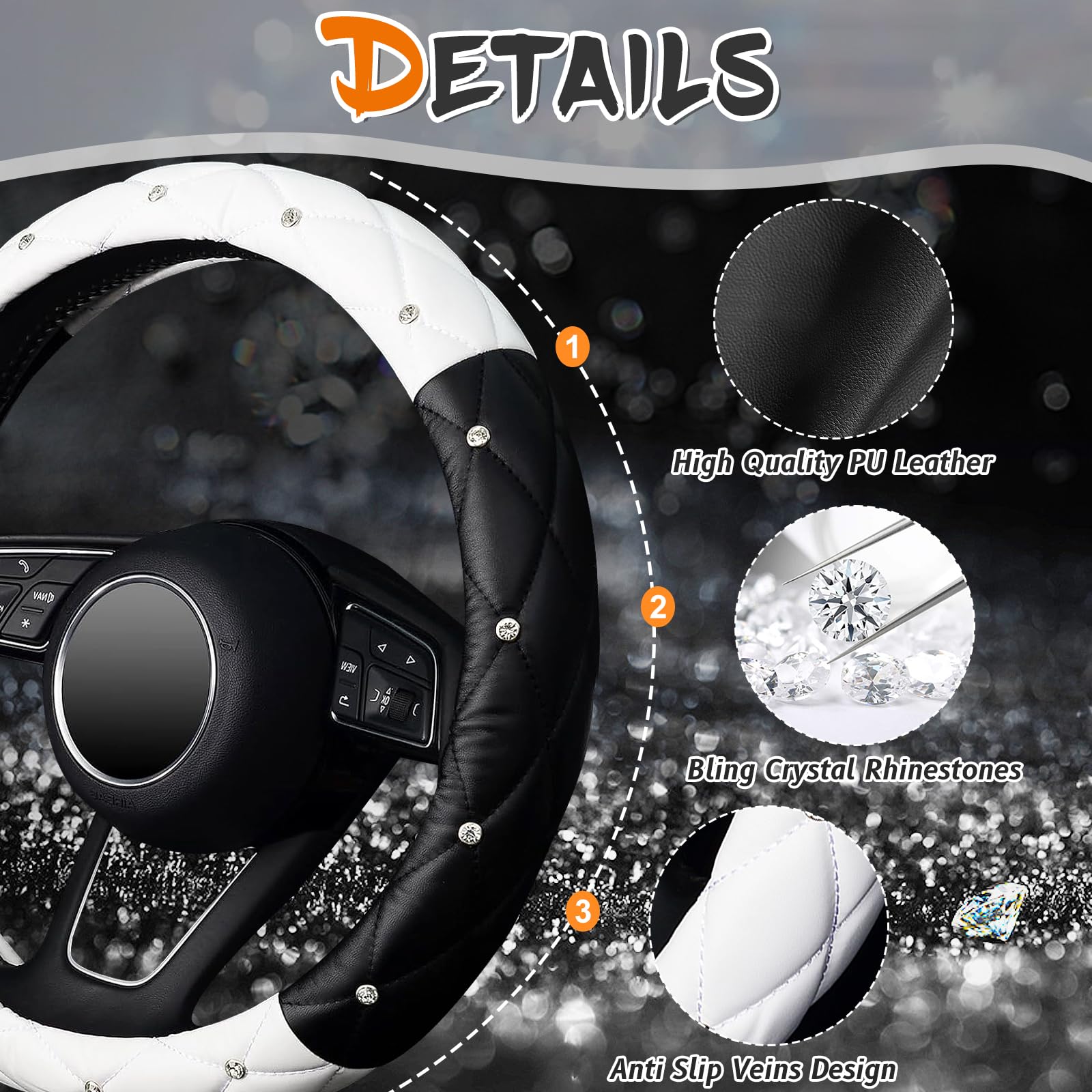 Kafeek Diamond Soft Leather Steering Wheel Cover With Bling Bling Crystal Rhinestones, Universal 15 Inch, Black White